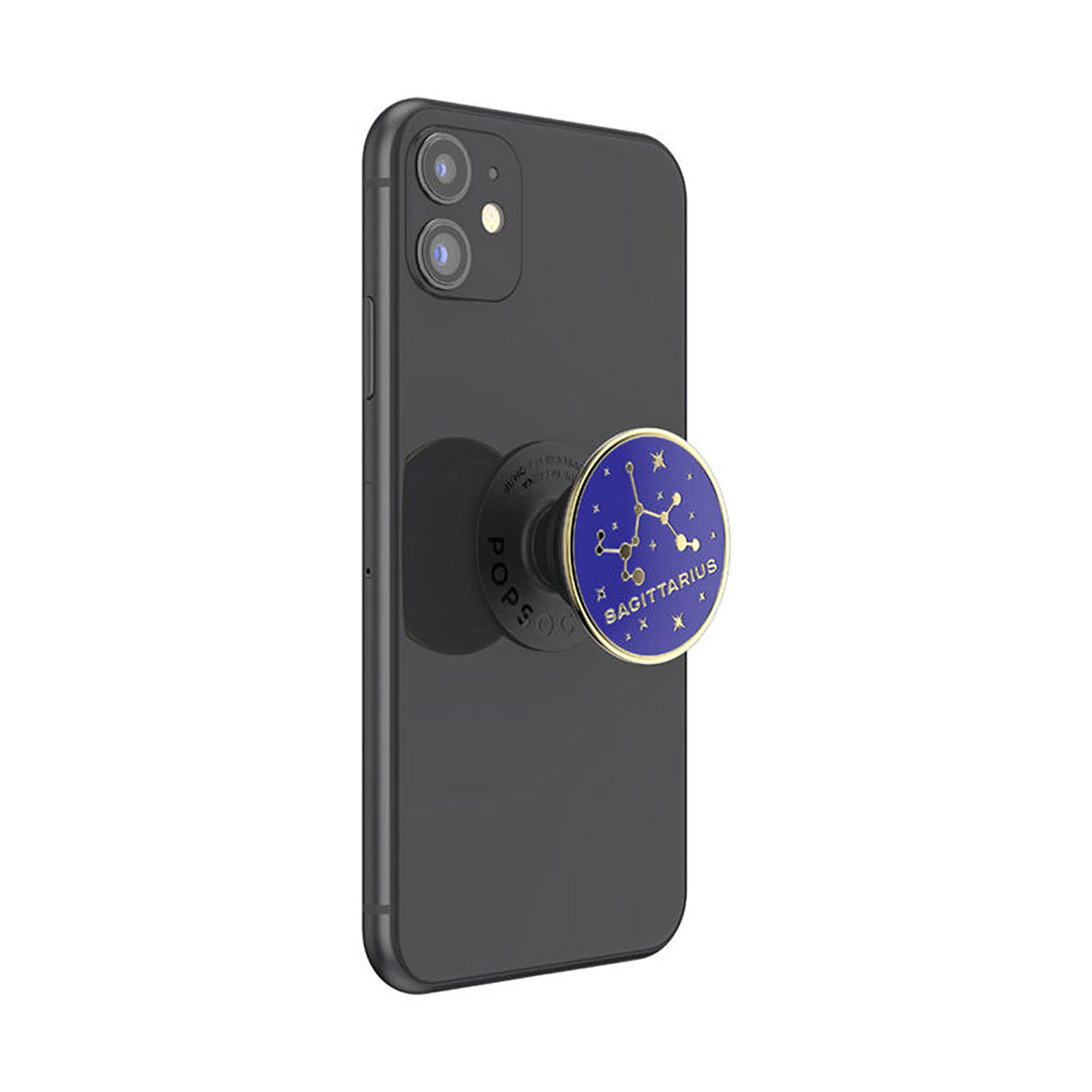 Schwarzes Telefon mit PopSockets-Griff. Der Griff ist blau mit einem Schützen-Sternbild-Design und Text.