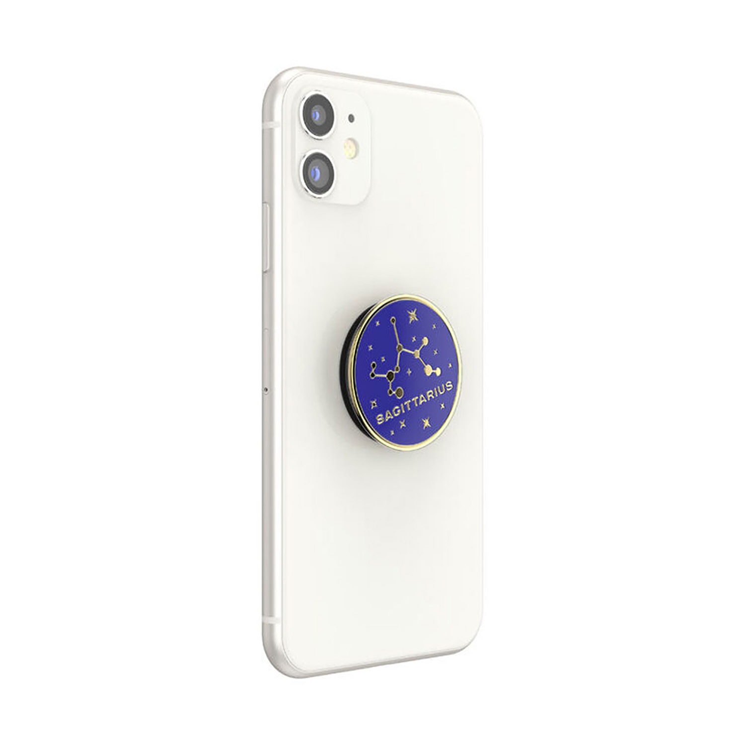 Weißes Telefon mit einem blau-goldenen Schützen-Telefonhalter befestigt.