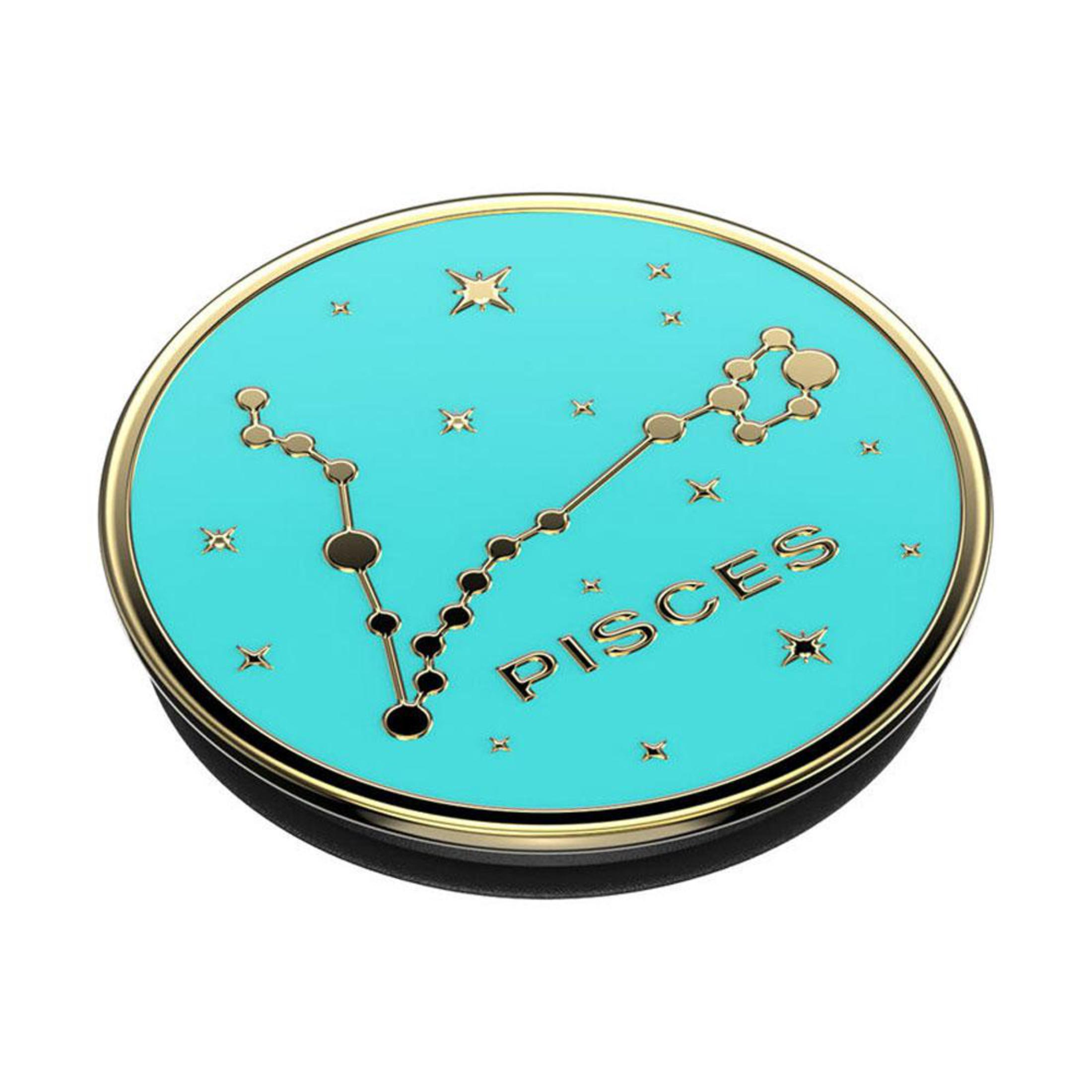 Ein türkisfarbenes kreisförmiges Pop-Socket mit dem Sternbild-Design der Fische in Gold. Weißer Hintergrund.