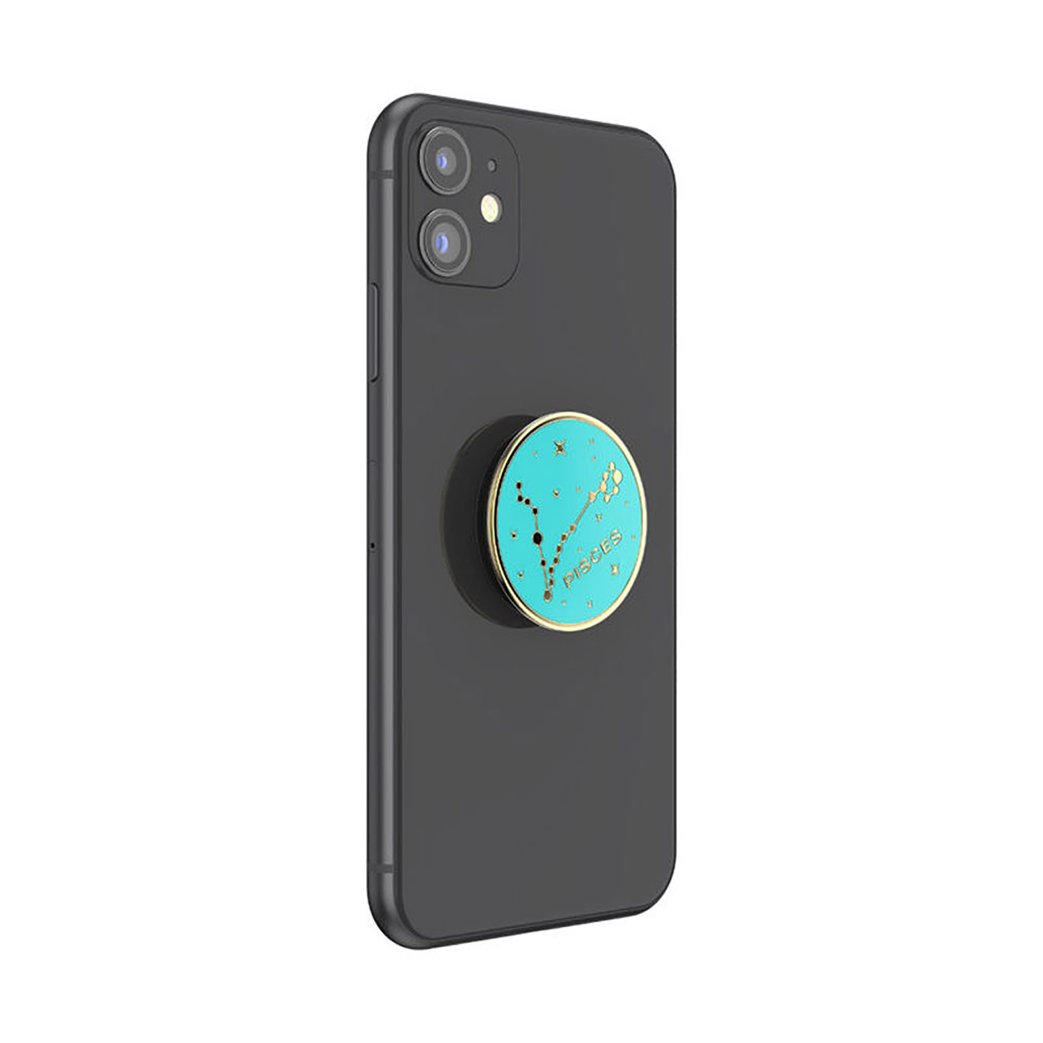 Schwarzes Telefon mit blauem Fische-Popsocket. Das Popsocket zeigt die Konstellation.
