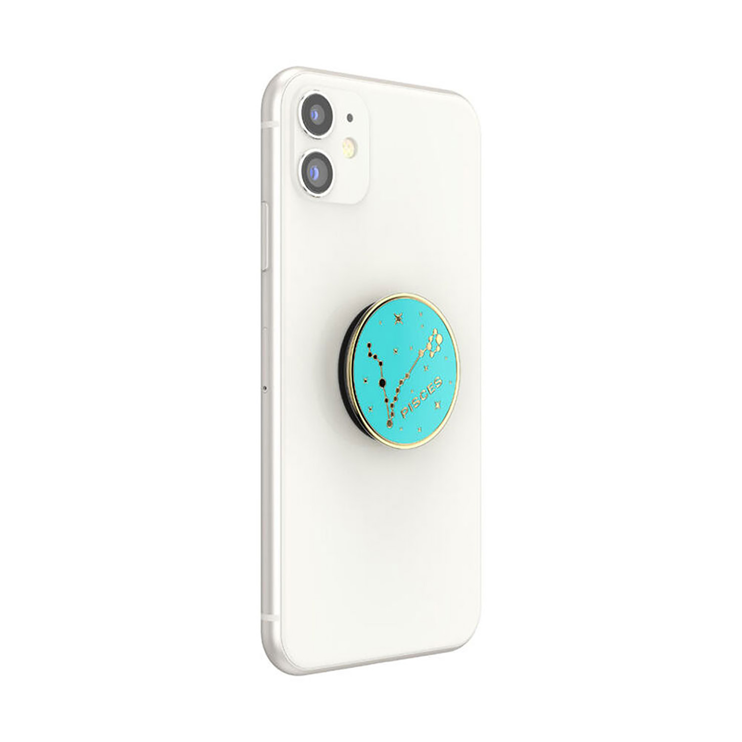 Weißes Telefon mit türkisfarbenem Pop-Sockel mit Fische-Symbol.