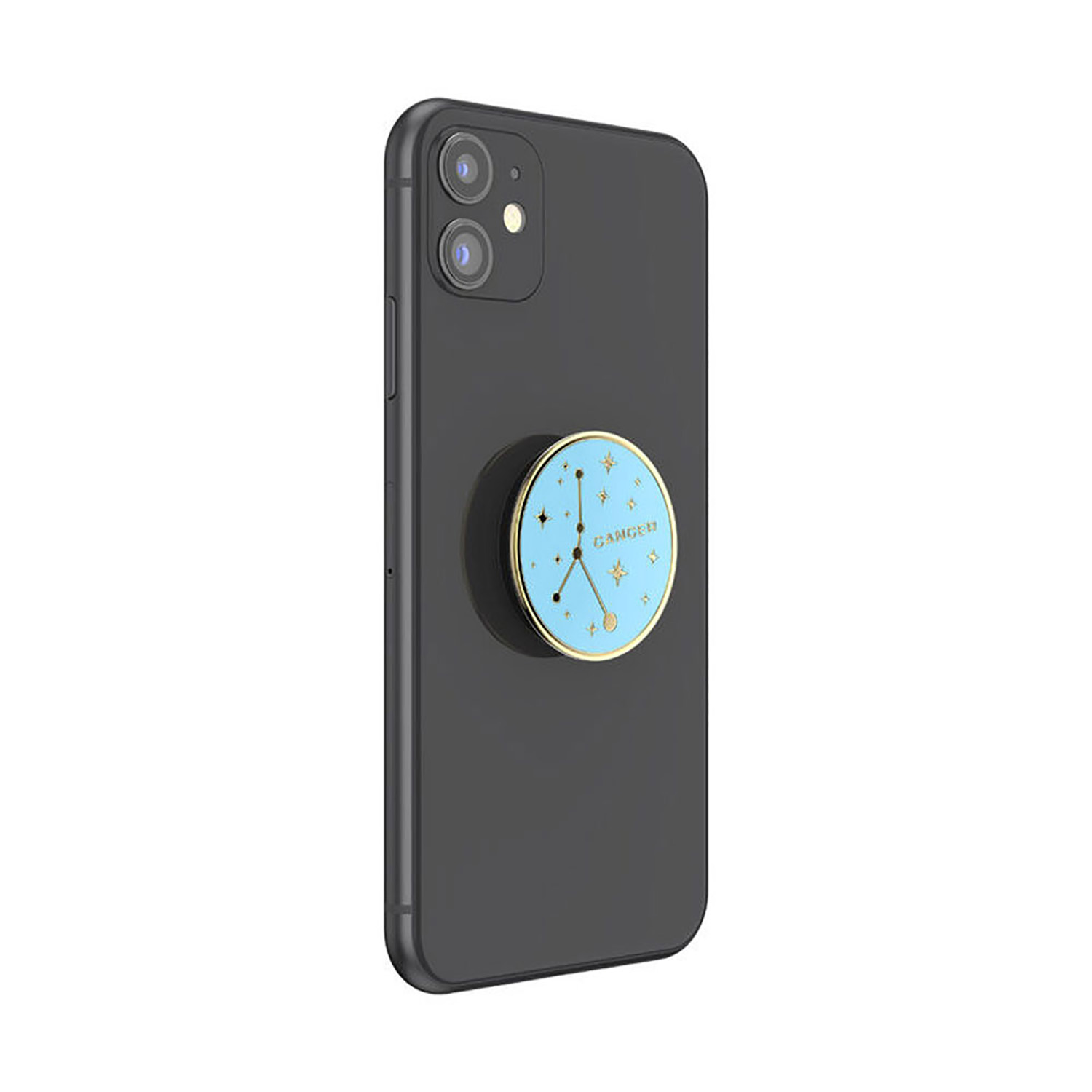 Schwarzes Telefon mit einem blauen und goldenen Popsocket. Der Popsocket hat ein Sterndesign und den Schriftzug 'Schütze'.