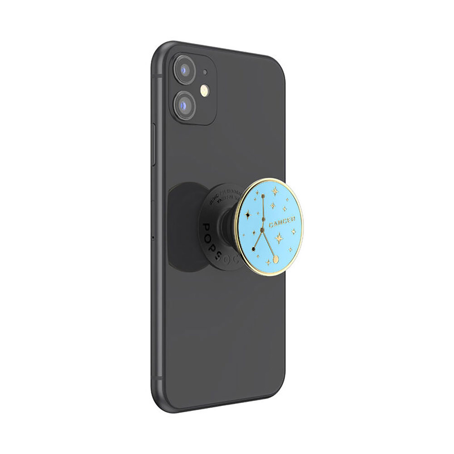 Schwarzes Smartphone mit aufgestecktem Pop-Socket. Das Socket hat ein blaues und goldenes Design.
