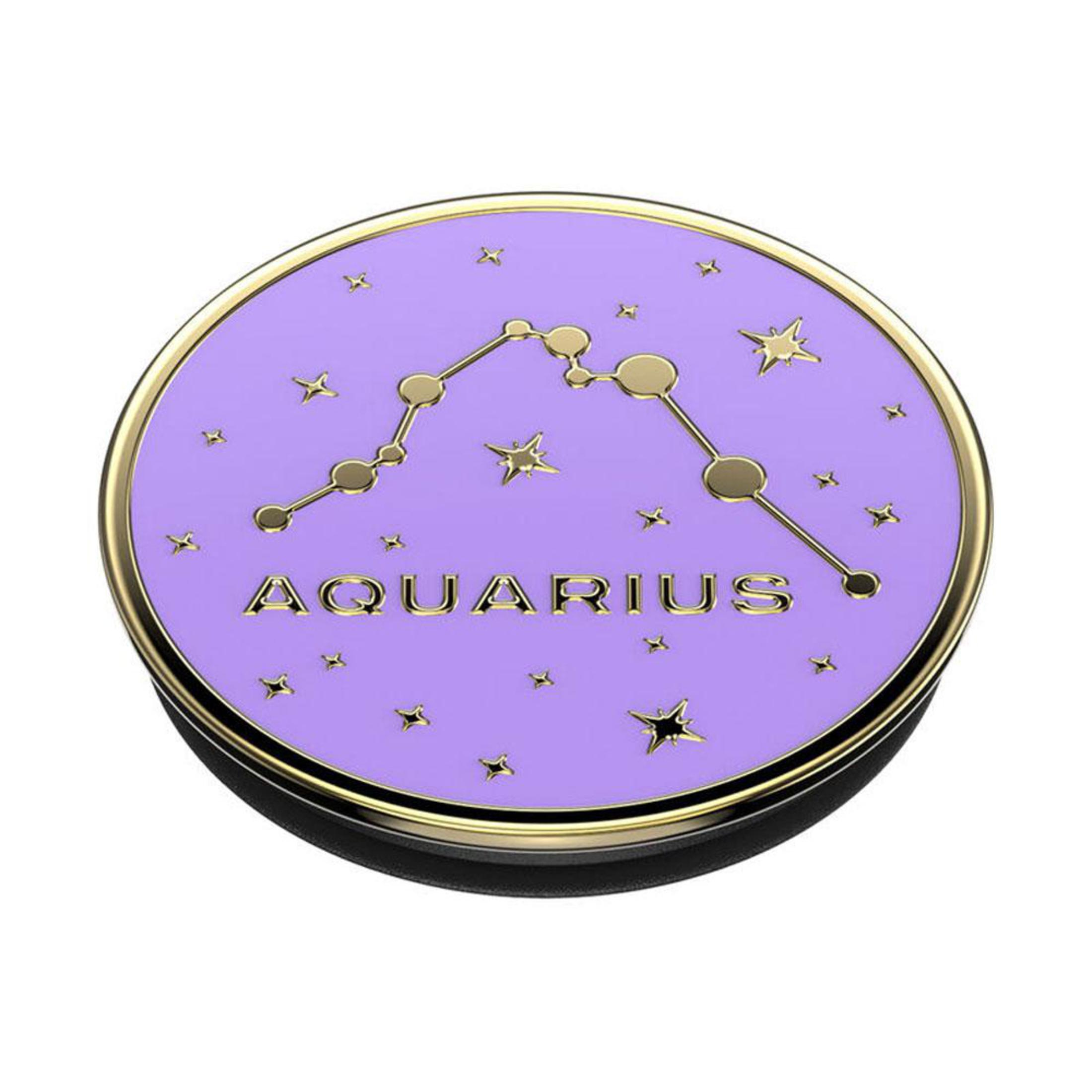 Ein runder, violetter PopSocket mit dem Sternbild Wassermann in Gold und dem Wort "AQUARIUS".