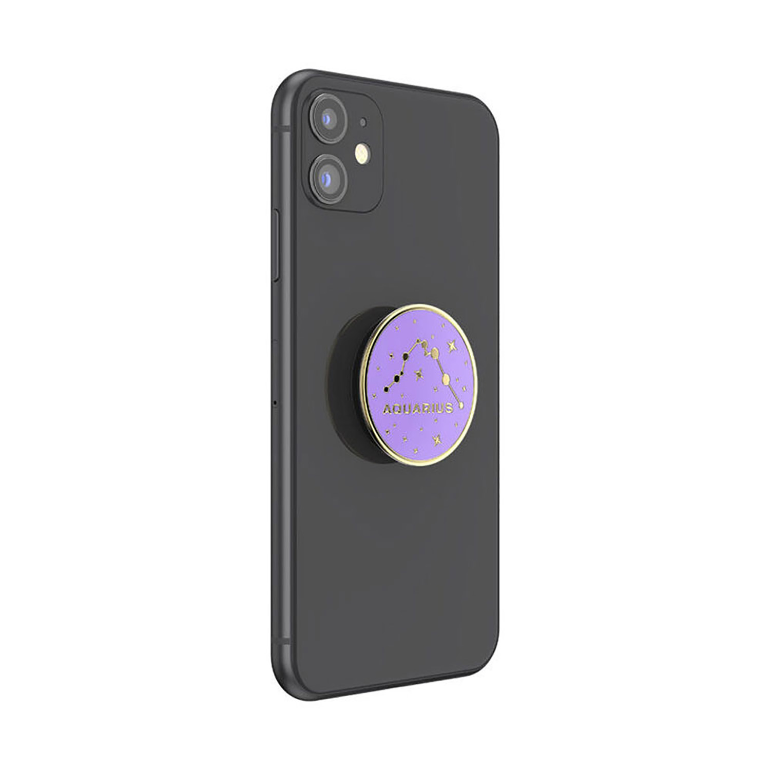 Schwarzes Smartphone mit lila Aquarius PopSocket. Das Telefon liegt auf weißer Oberfläche.