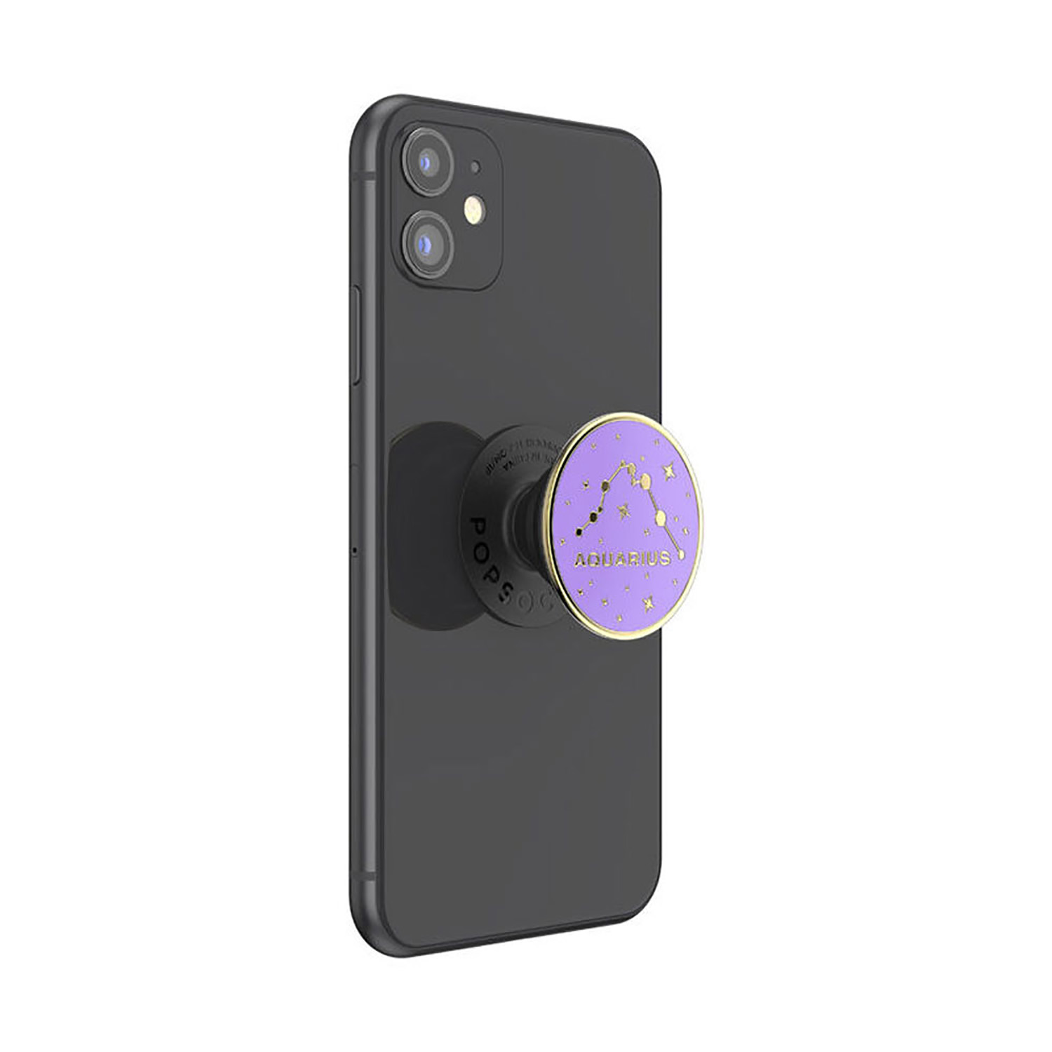 Ein schwarzes Smartphone mit einem lila Aquarius PopSocket.