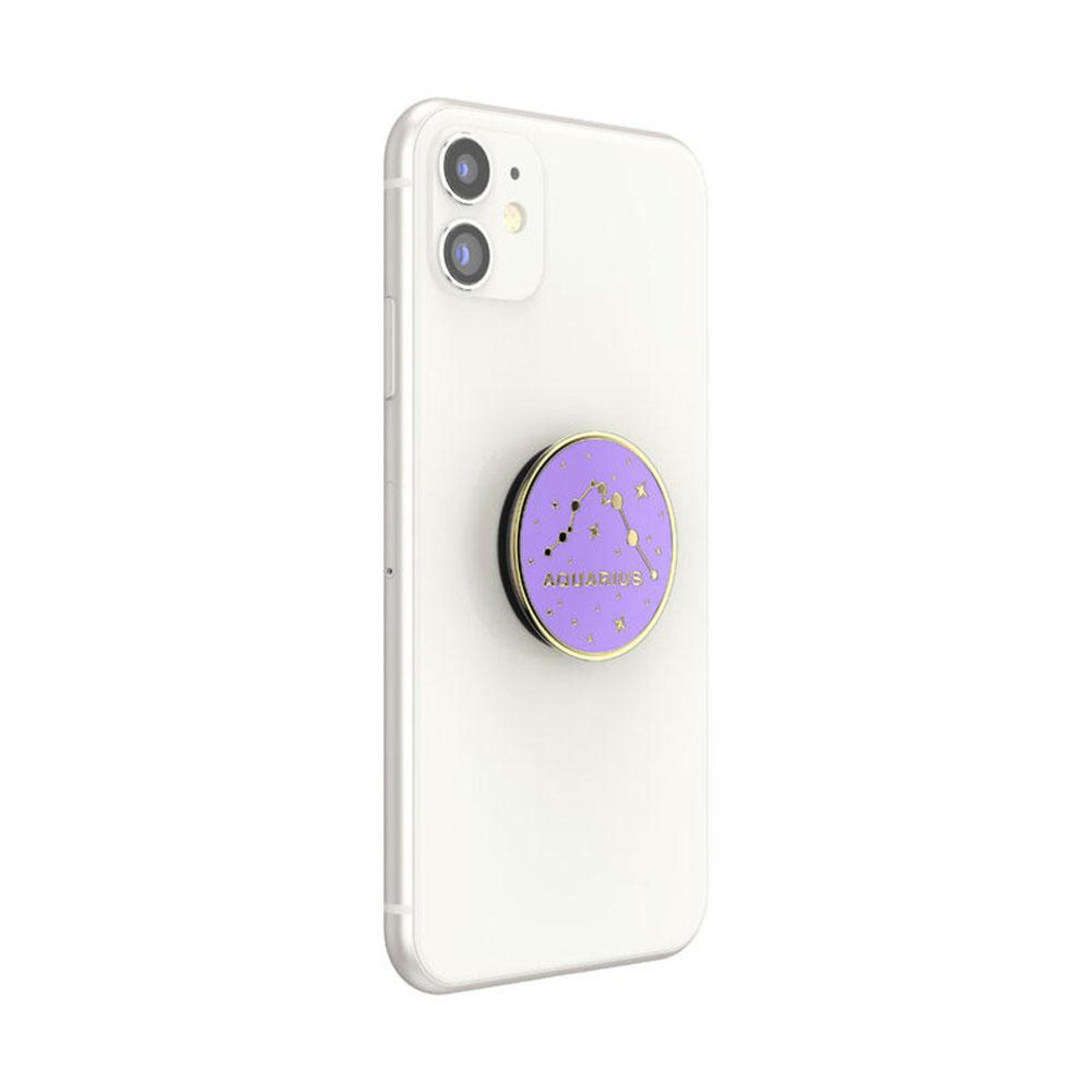 Weißes Telefon mit einem lila Aquarius Pop-Socket befestigt.