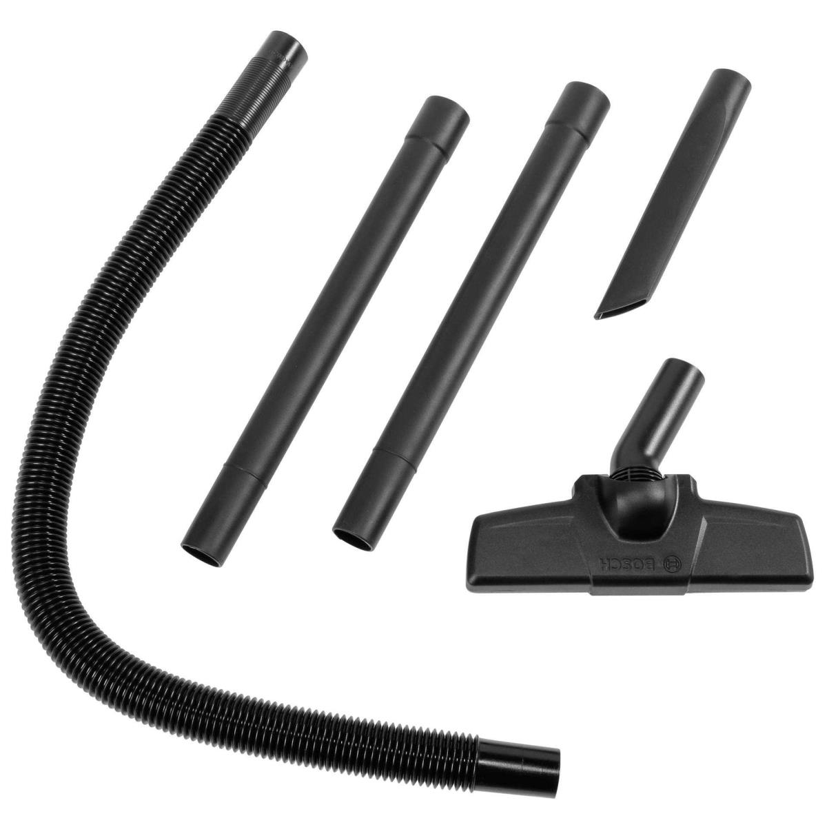 Zestaw czarnych akcesoriów do odkurzacza, w tym wąż, rury i głowica szczotki.