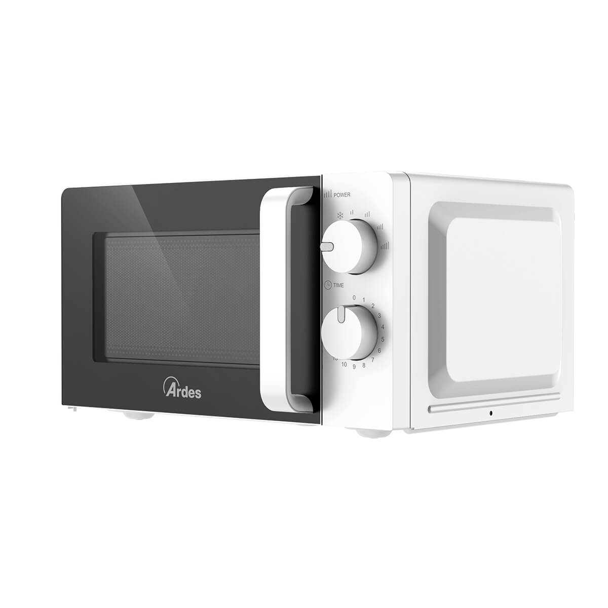 Horno microondas blanco y negro, vista frontal.
