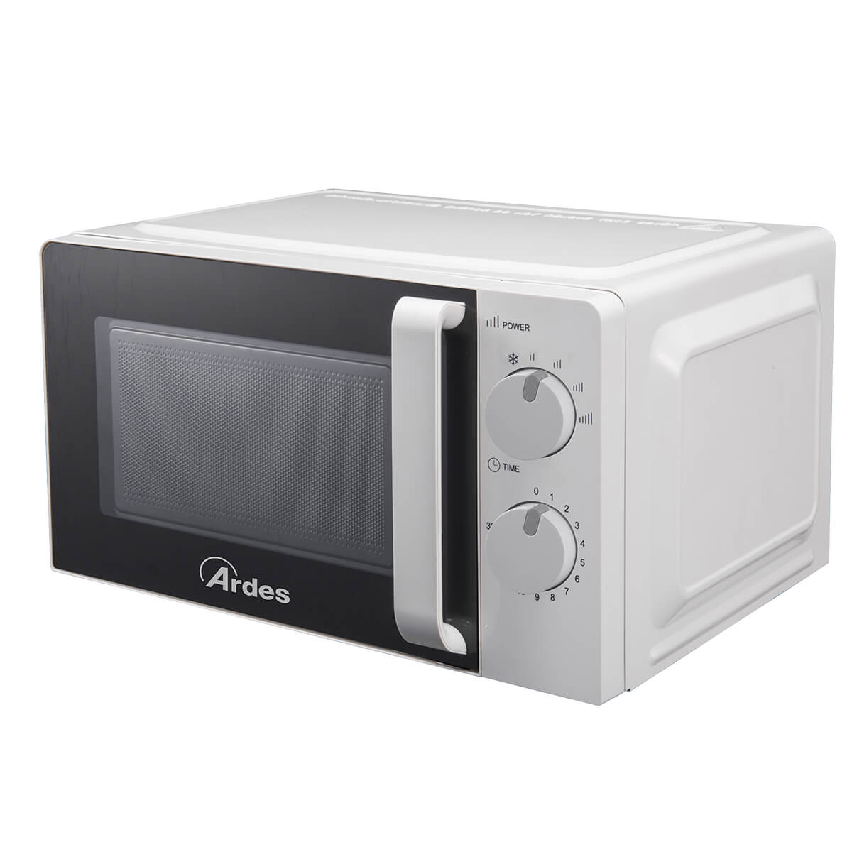 Horno microondas blanco con puerta negra y perillas de control a la derecha.