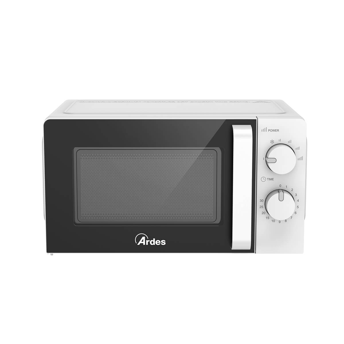 Microondas blanco con puerta negra. Tiene panel de control con diales y una pantalla digital.