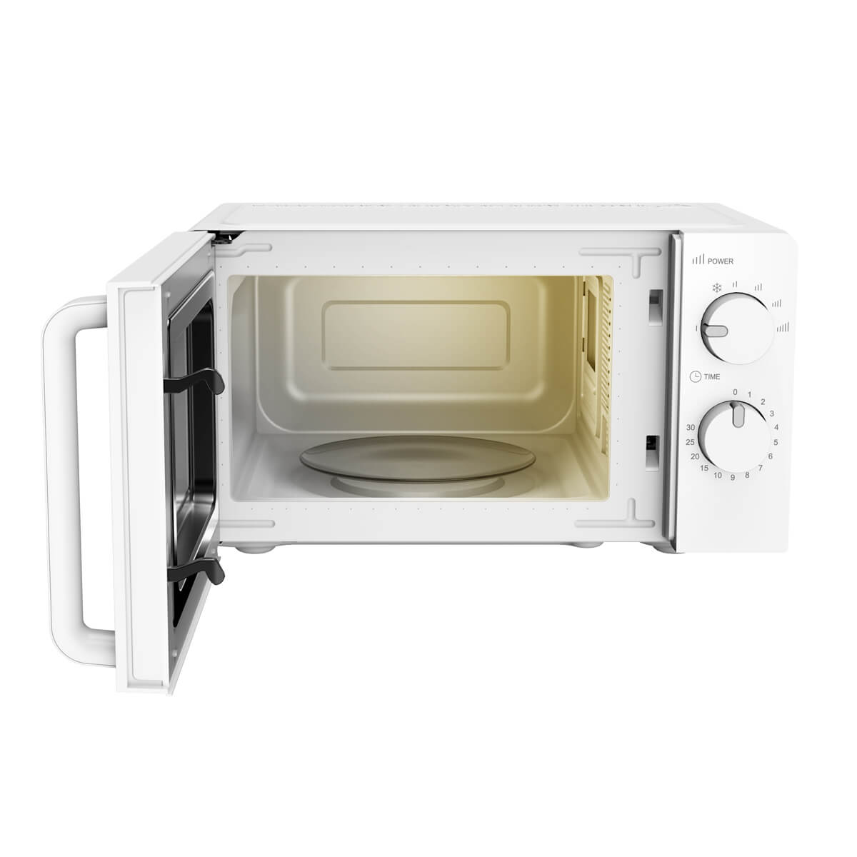 Horno microondas blanco con la puerta abierta. Interior y controles visibles.