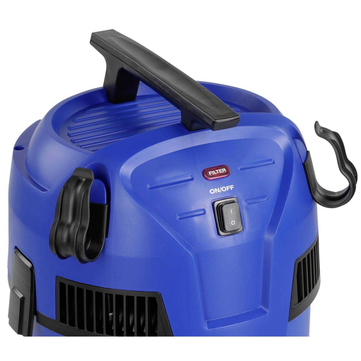 Blauer Staubsauger mit Griff, Filtertaste und Ein/Aus-Schalter.