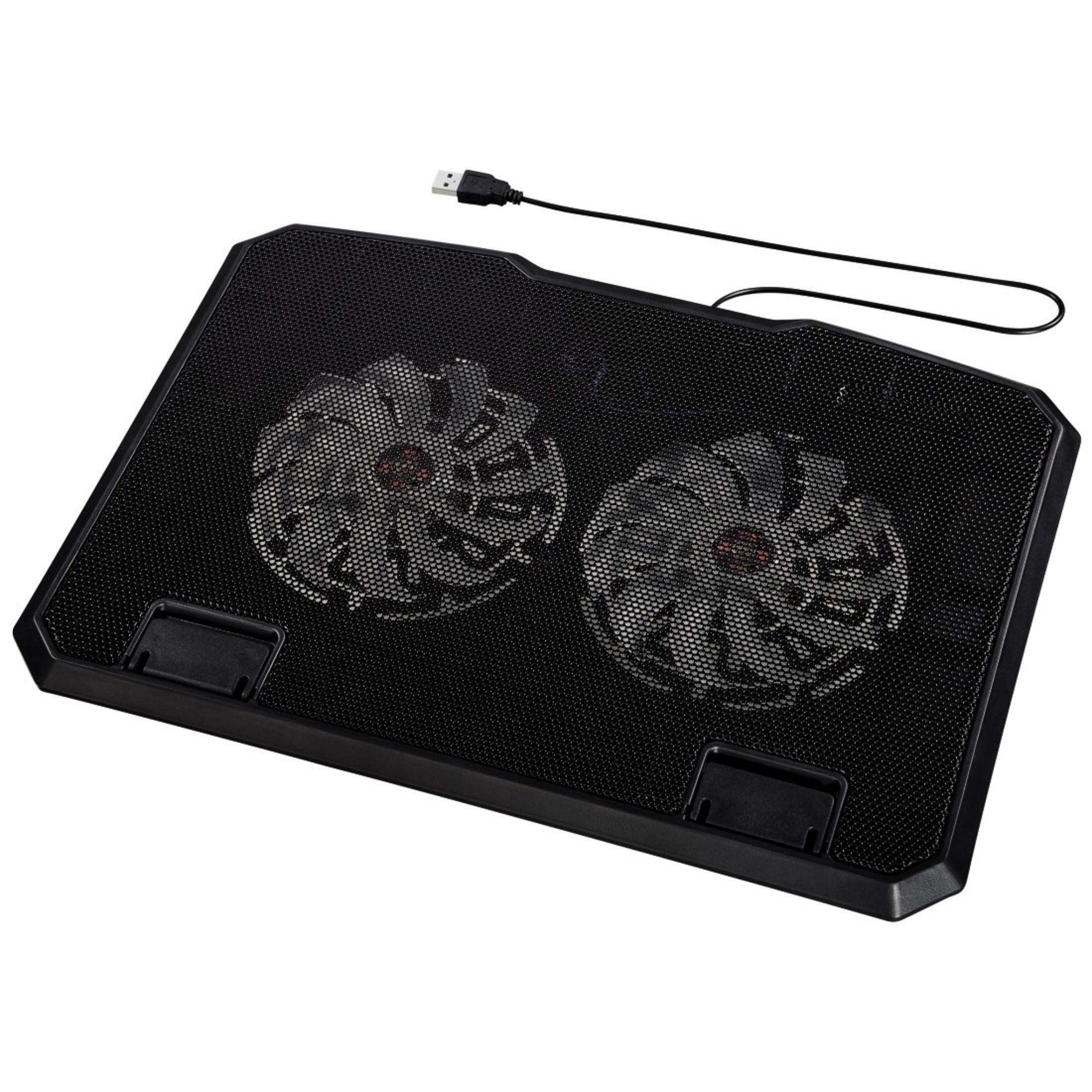 Schwarzes Laptop-Kühlpad mit zwei Lüftern und einem USB-Kabel.