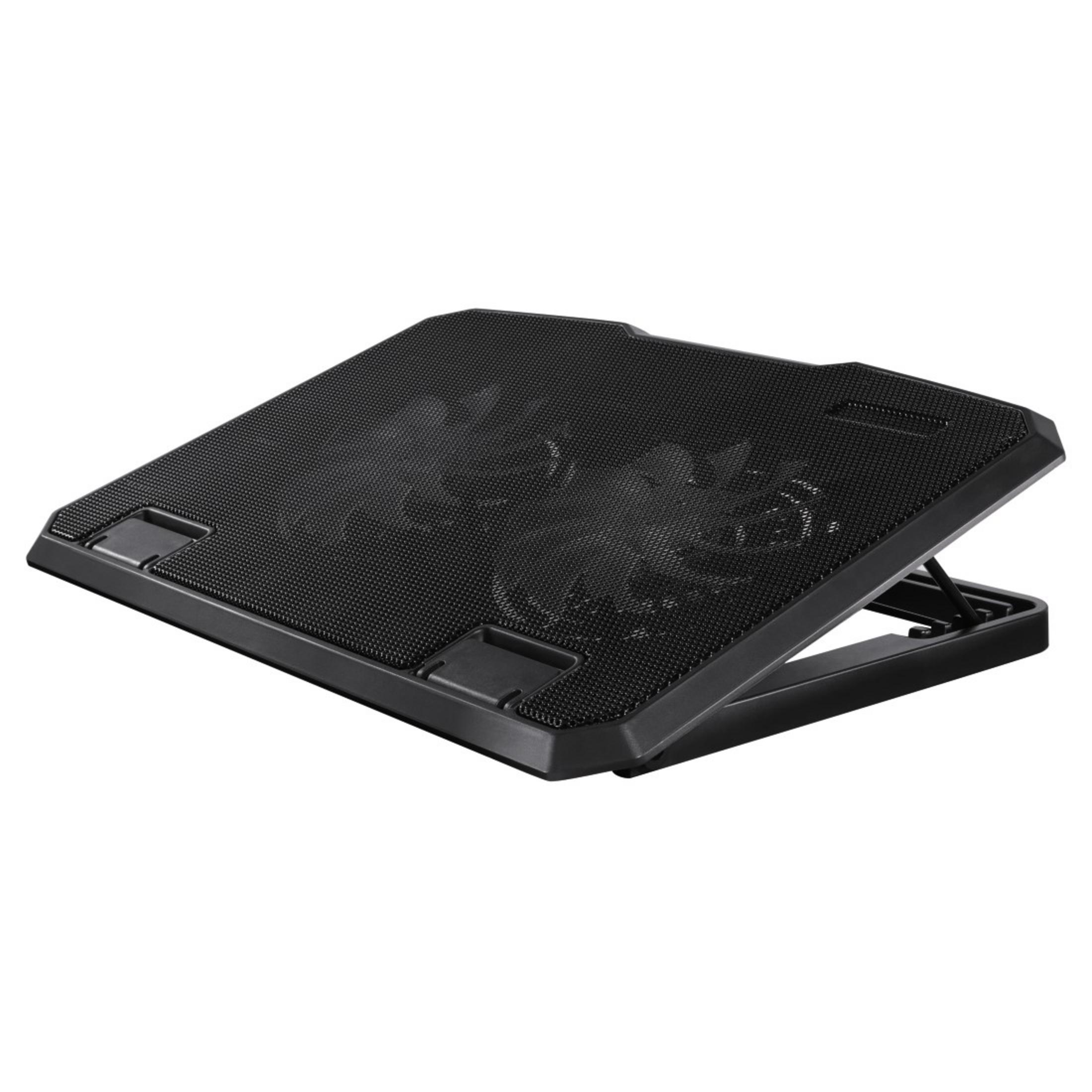 Schwarzer Laptop-Kühler mit Mesh-Oberfläche und verstellbarem Ständer.