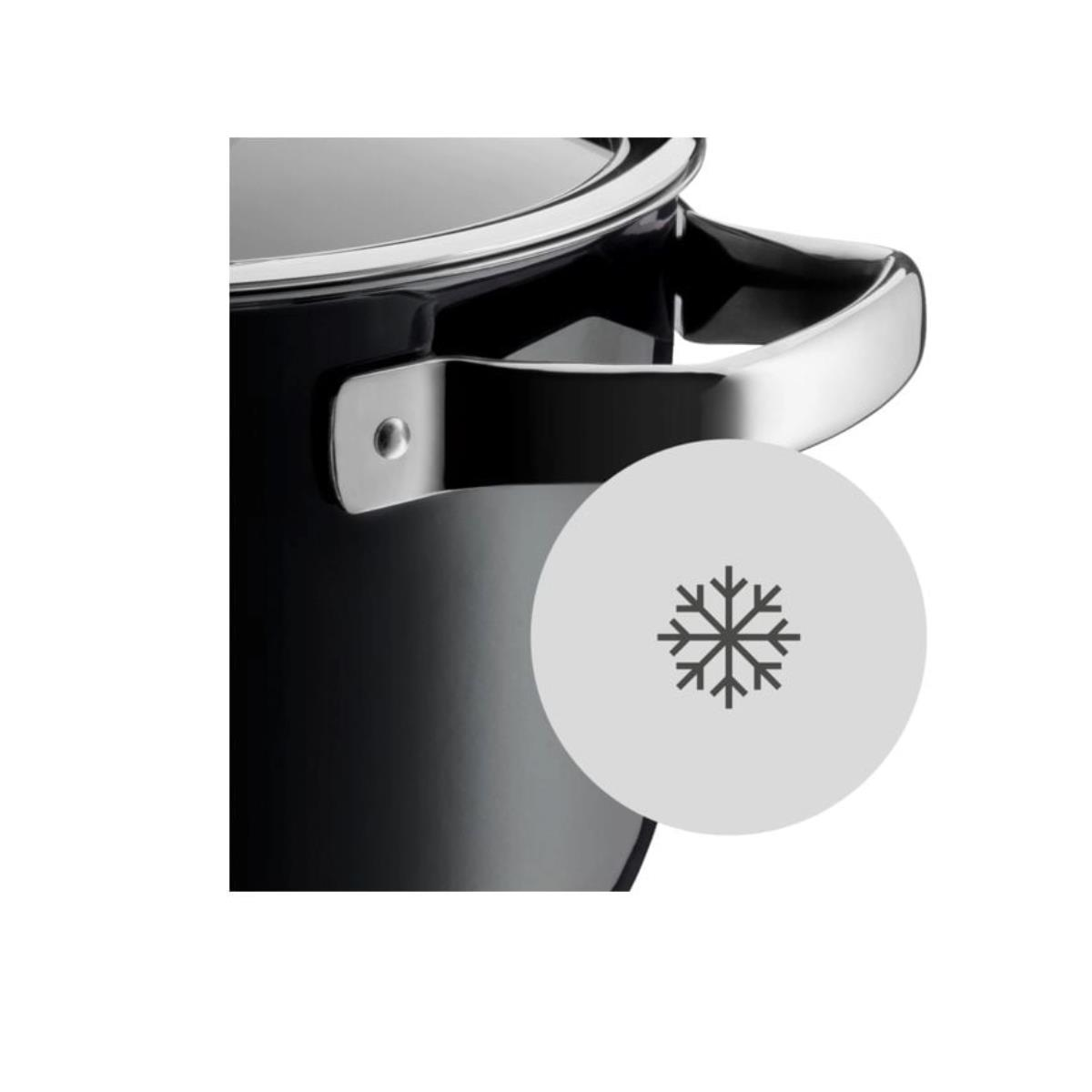 Schwarzer Topf mit Griff und ein Schneeflocken-Symbol auf der rechten Seite.