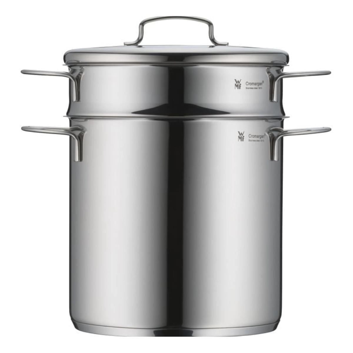 Garnek ze stali nierdzewnej z wkładem do gotowania na parze i pokrywką. Błyszczący i odblaskowy.