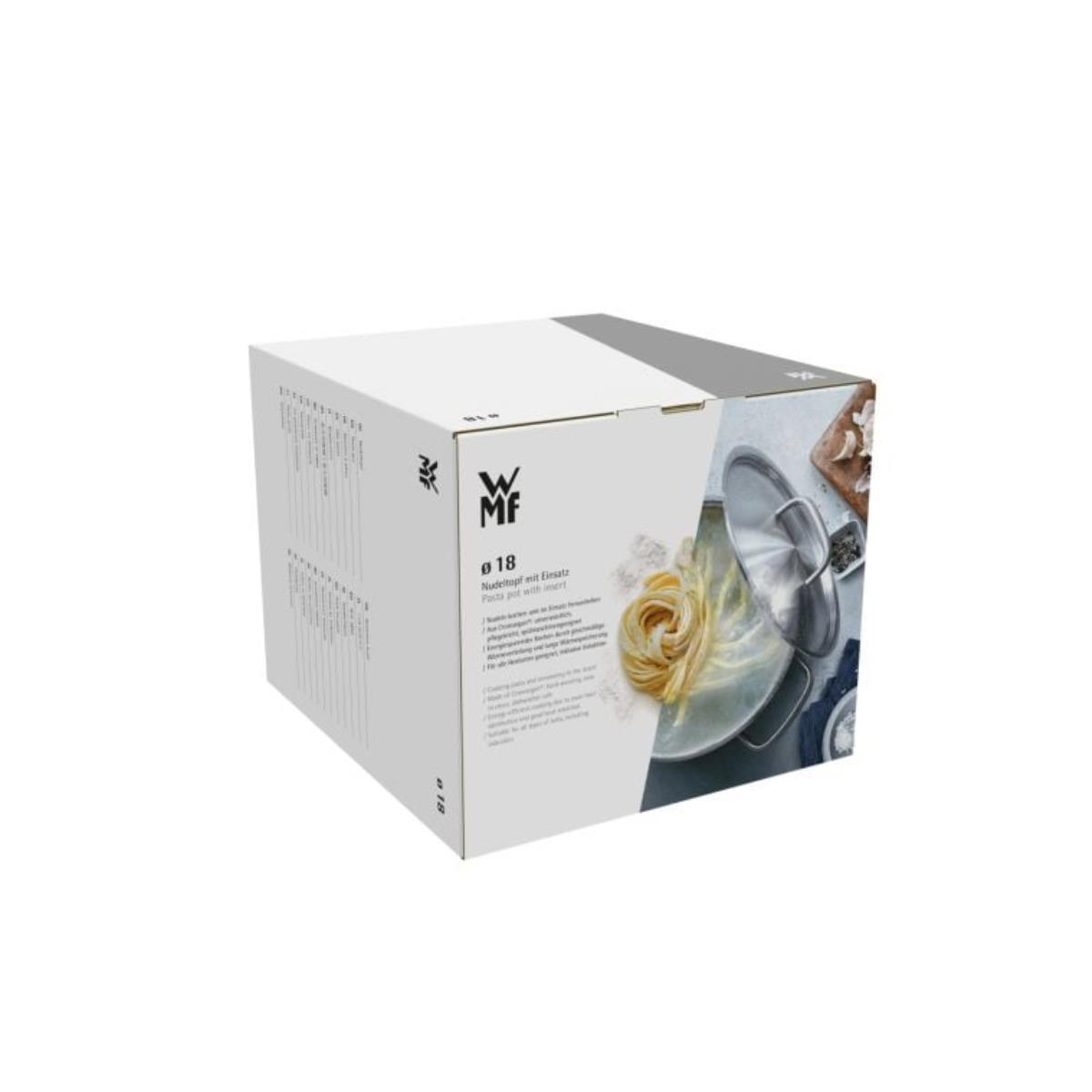 Białe pudełko ze zdjęciem garnka do makaronu. Pudełko zawiera tekst i zdjęcia makaronu i garnka.