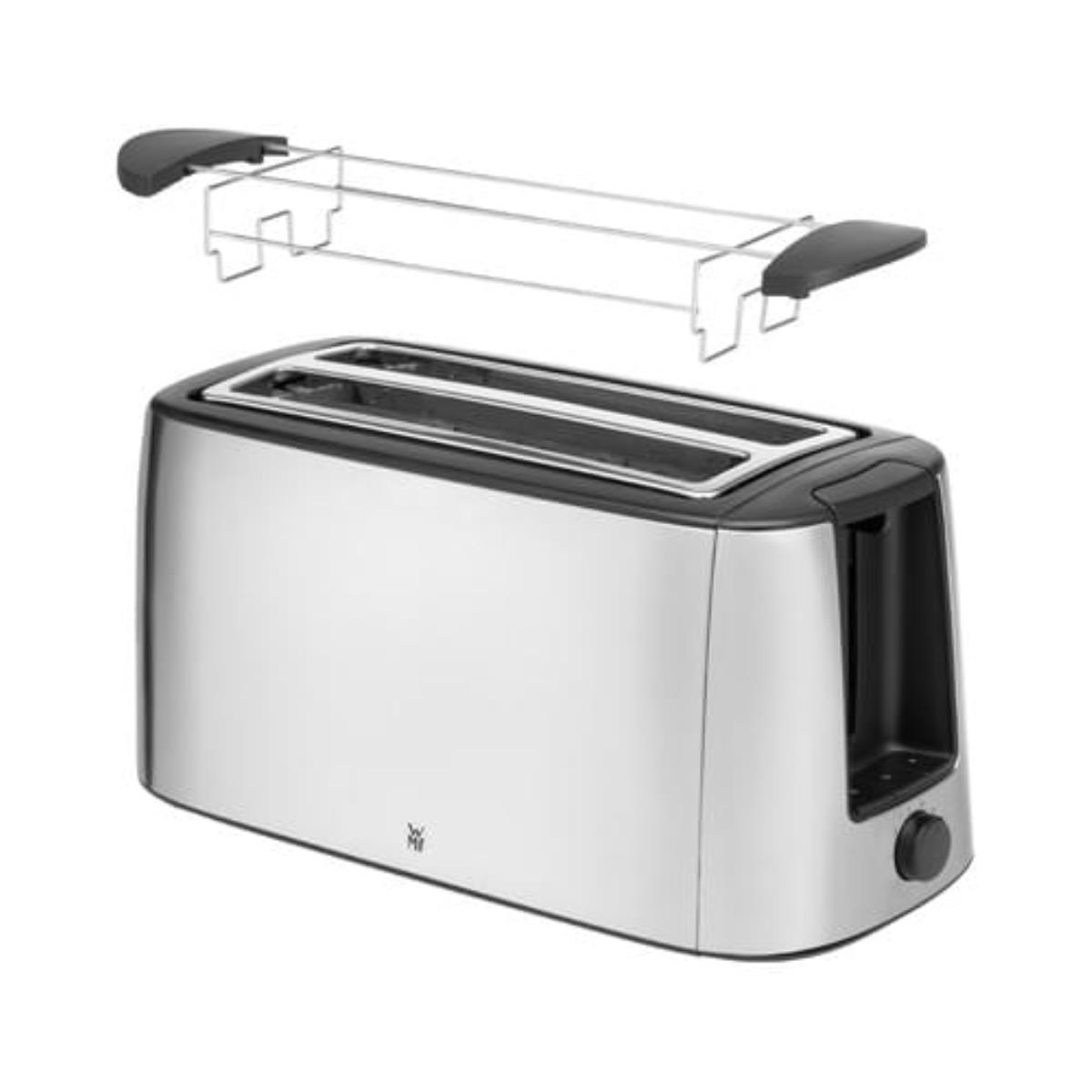Ein Edelstahl-Toaster mit abnehmbarem Brot-Wärme-Gitter auf weißem Hintergrund.