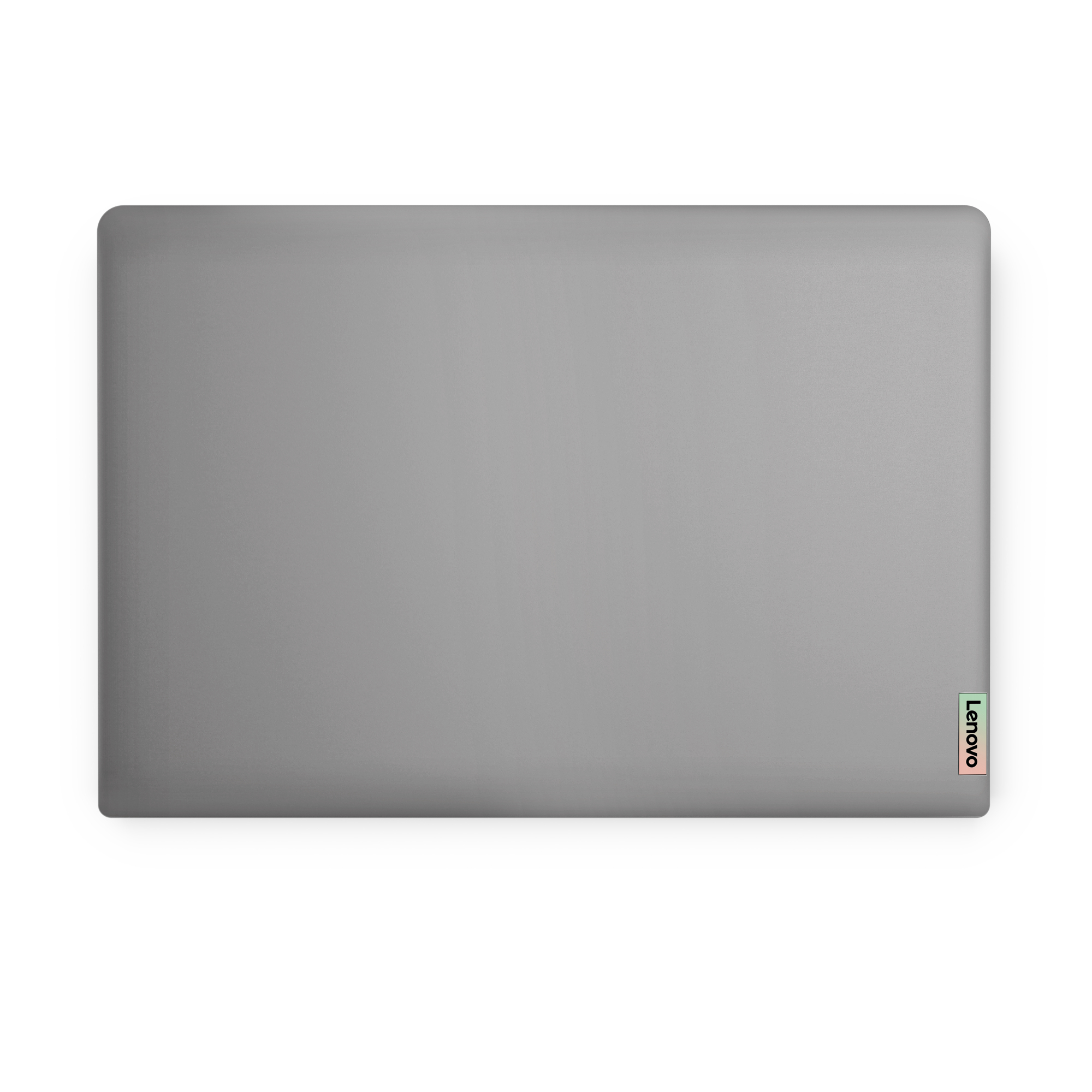 Szary laptop z logo Lenovo w prawym dolnym rogu. Ma elegancki, minimalistyczny design.