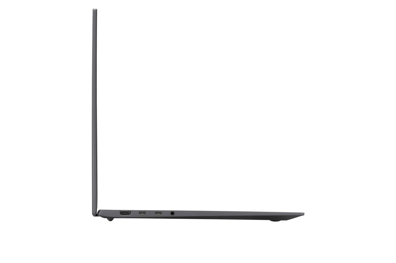 Seitenansicht eines geschlossenen, dunkelgrauen Laptops auf weißem Hintergrund.