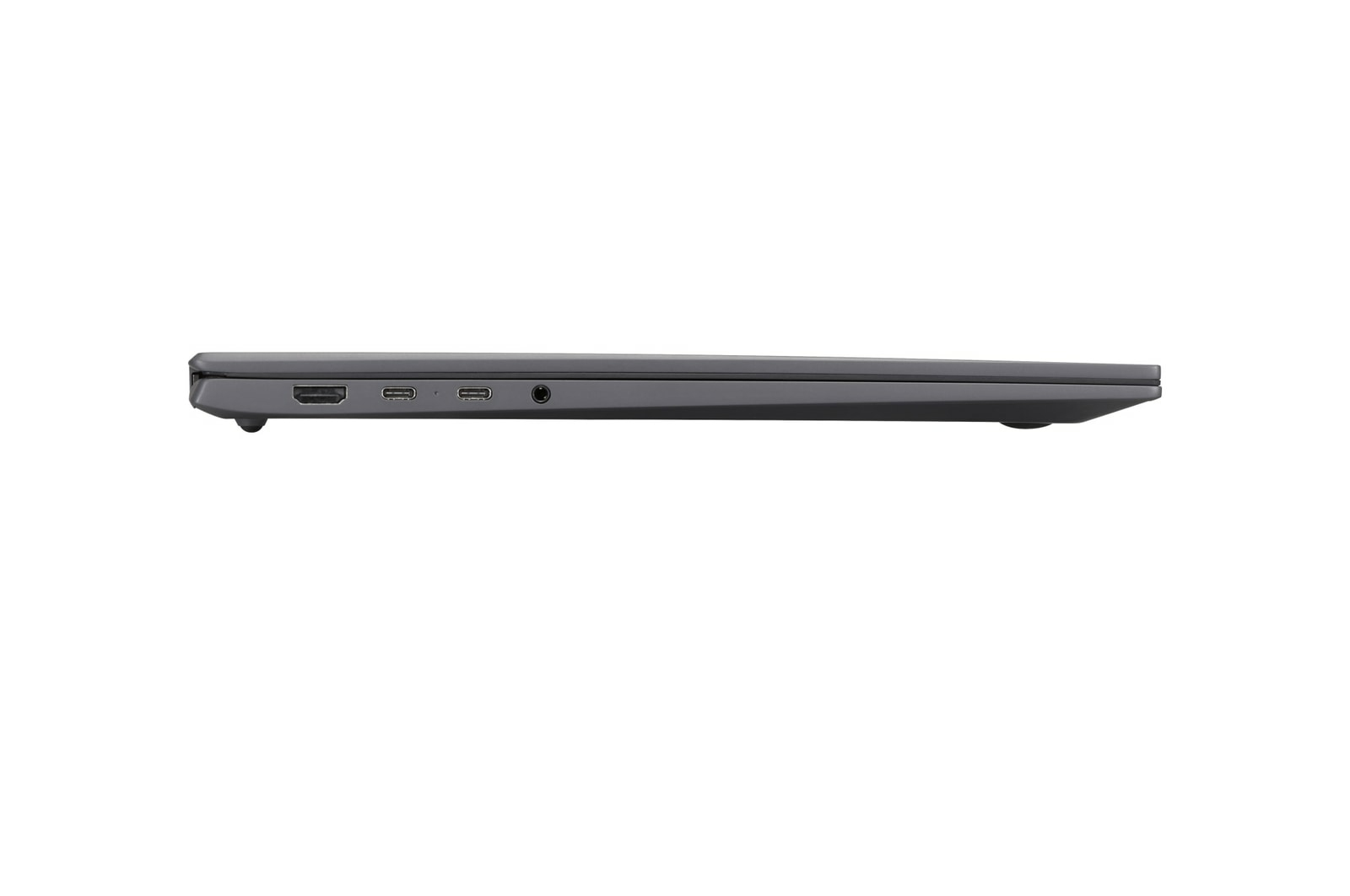 Seitenansicht eines dunkelgrauen Laptops, zeigt Anschlüsse und Verbindungen.