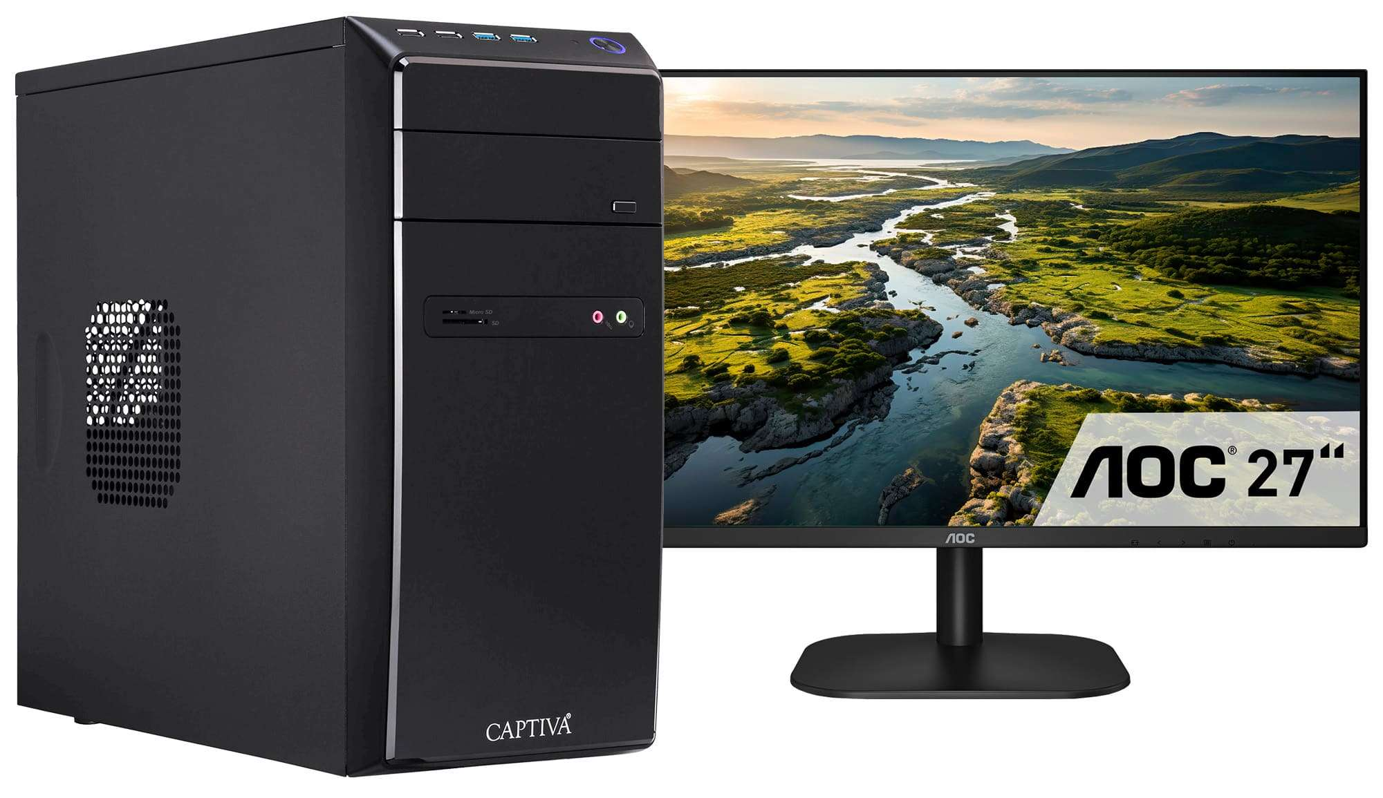 Zwarte desktopcomputer en een 27-inch AOC monitor op een witte achtergrond.