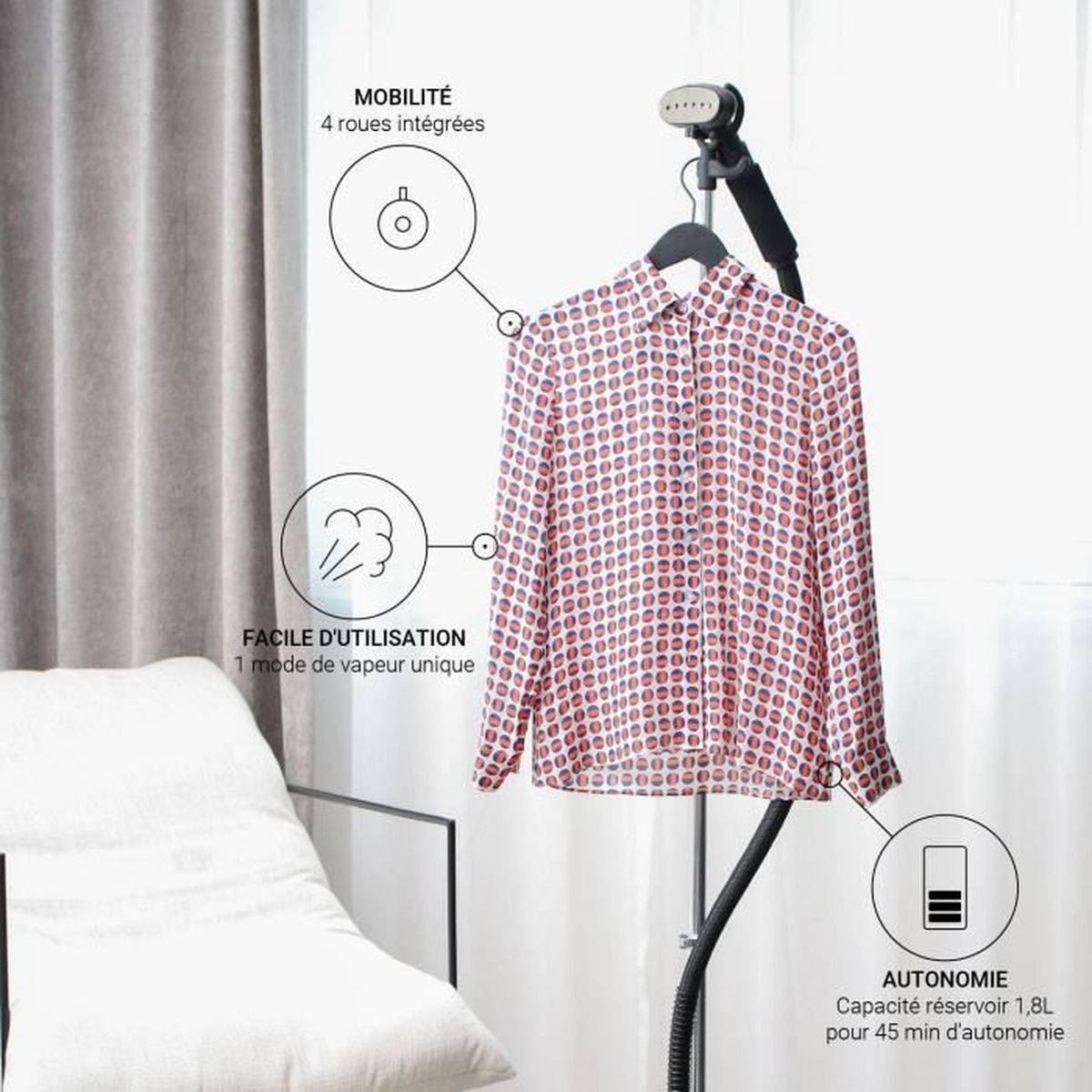 Una camicia appesa a un vaporizzatore per indumenti con testo: Mobilità, Facile da usare e Autonomia.
