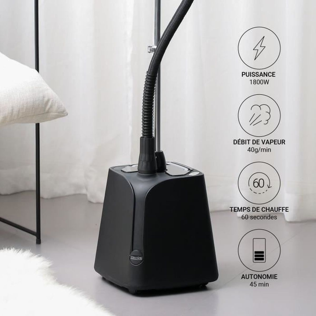 Vaporizzatore per indumenti nero con icone per potenza, emissione di vapore e tempo.