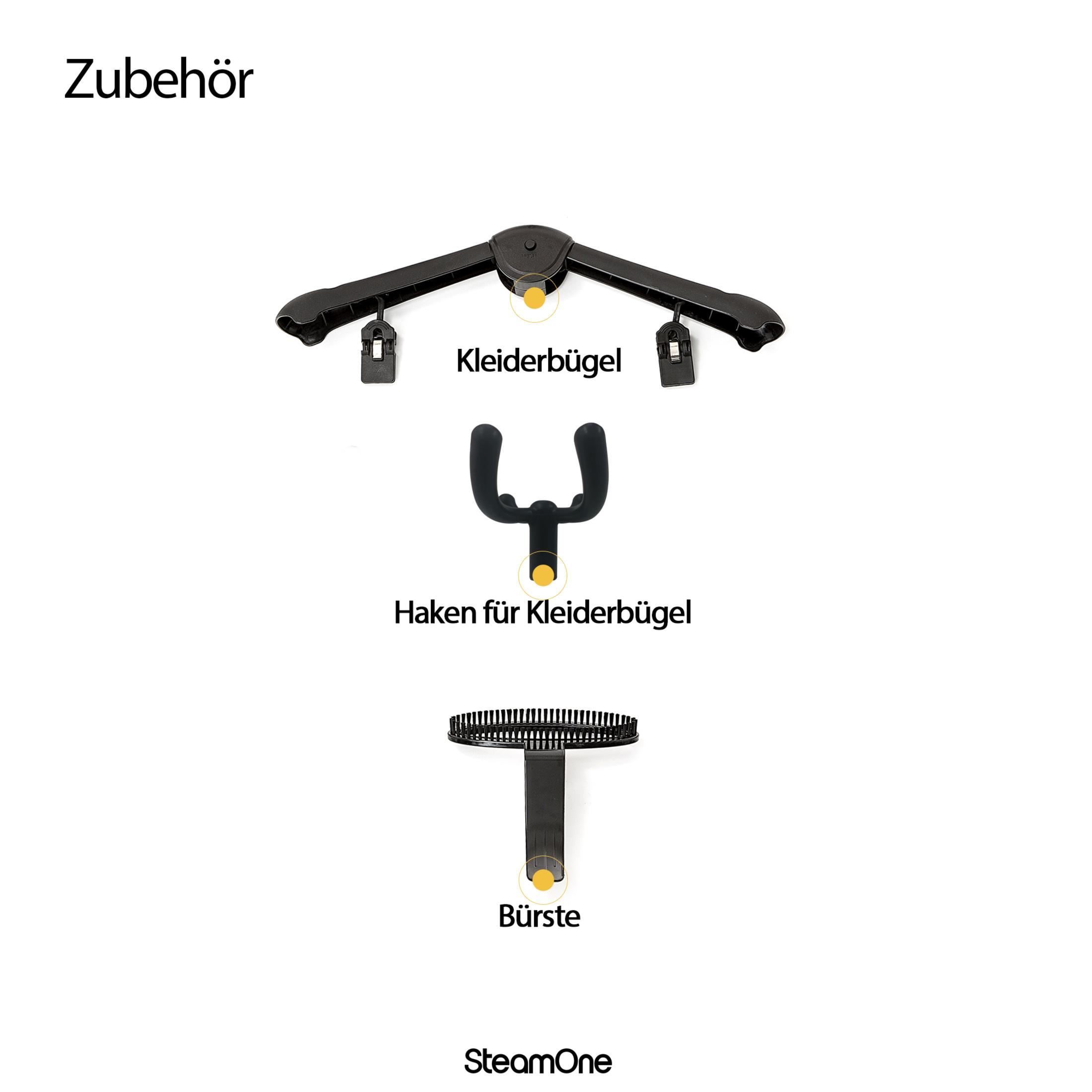 Schema degli accessori per stiratrici: gruccia, gancio e spazzola.