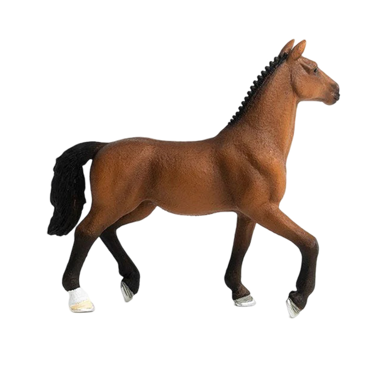Cavallo giocattolo marrone in posa mentre cammina, sfondo bianco.