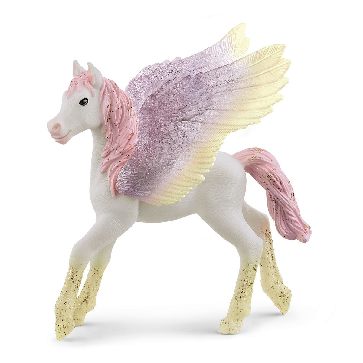 Pegaso giocattolo bianco con criniera e coda rosa, ali viola e gialle e dettagli dorati.
