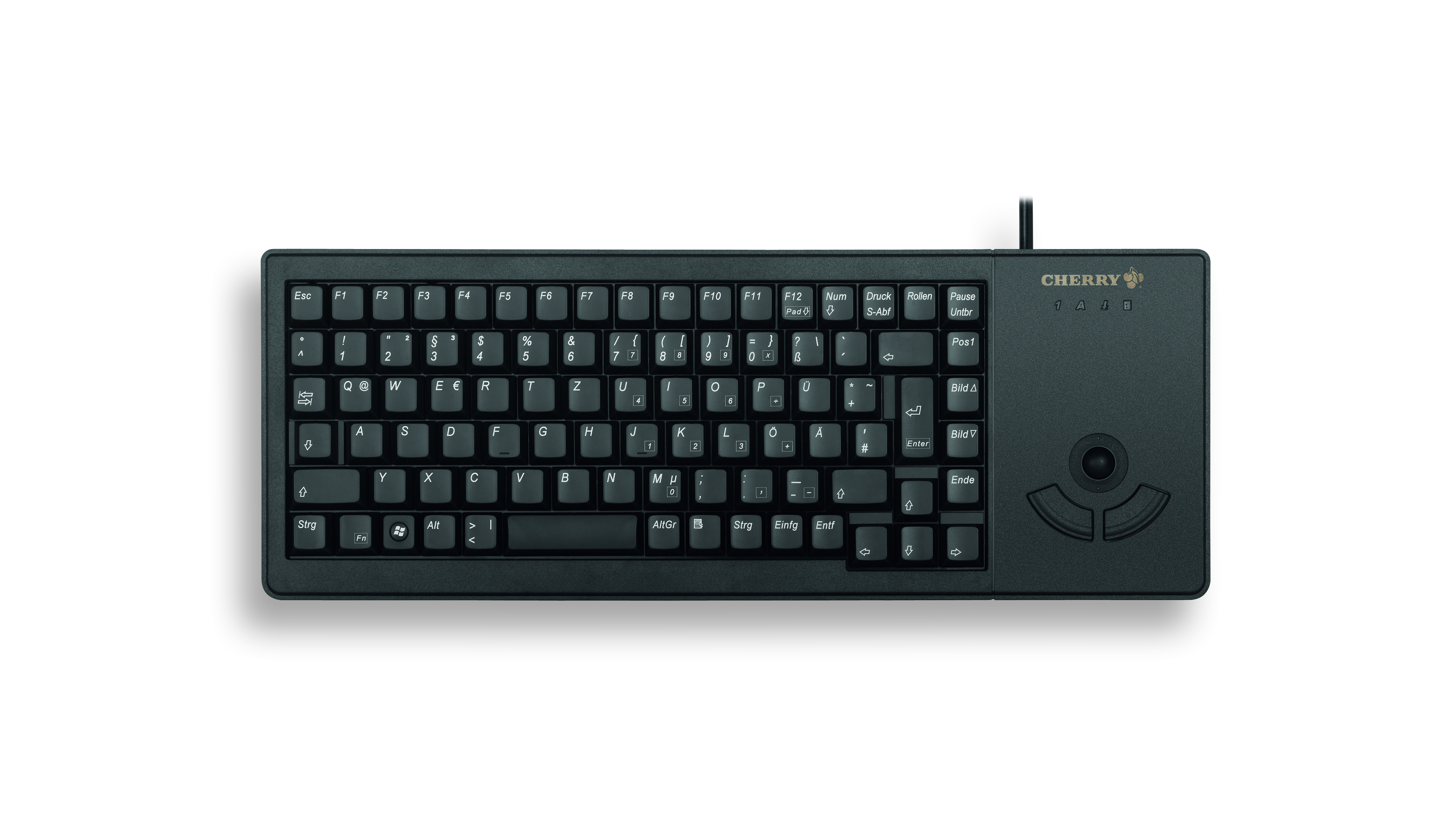 Una tastiera Cherry nera con trackball integrato e tasti multimediali.