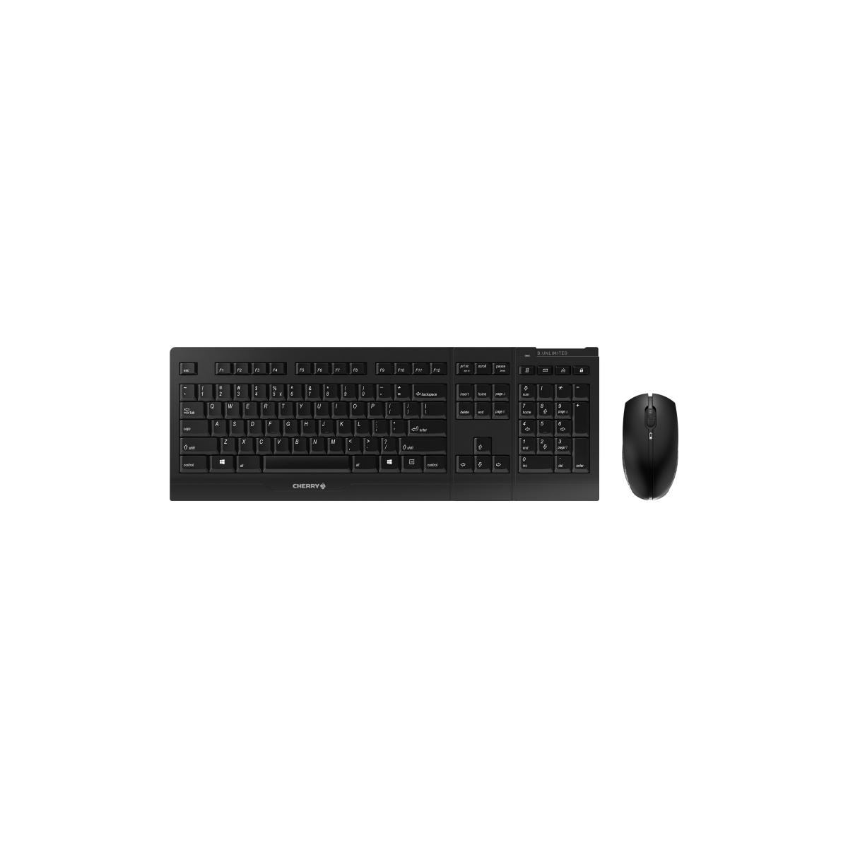Ensemble clavier et souris Cherry noir. Fond blanc. Clavier avec beaucoup de touches ; souris petite, noire.