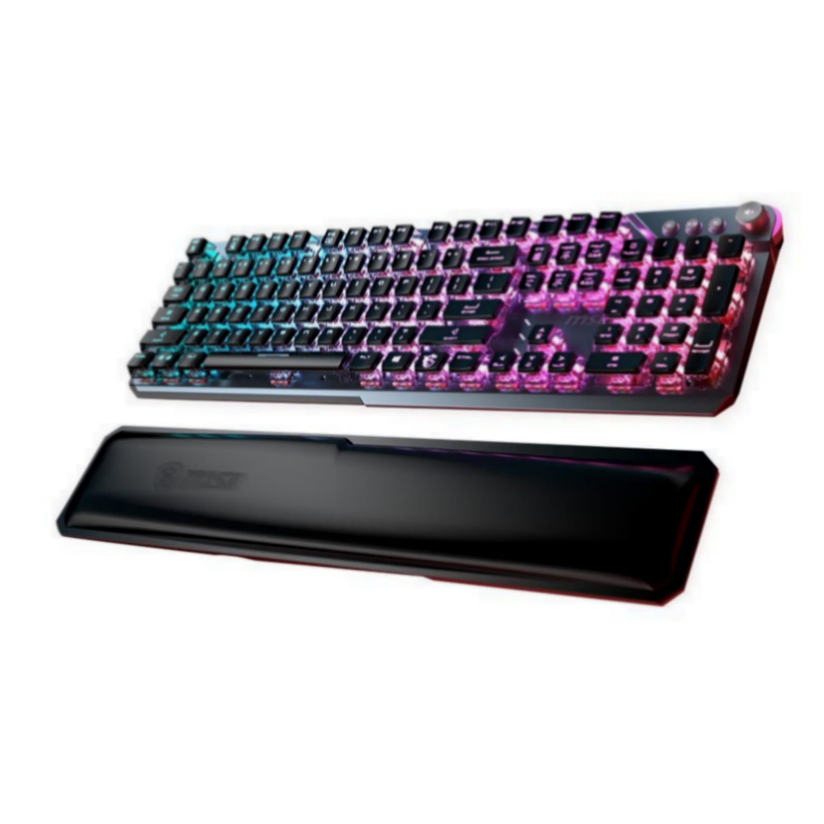Una tastiera nera con illuminazione RGB e un poggiapolsi abbinato.