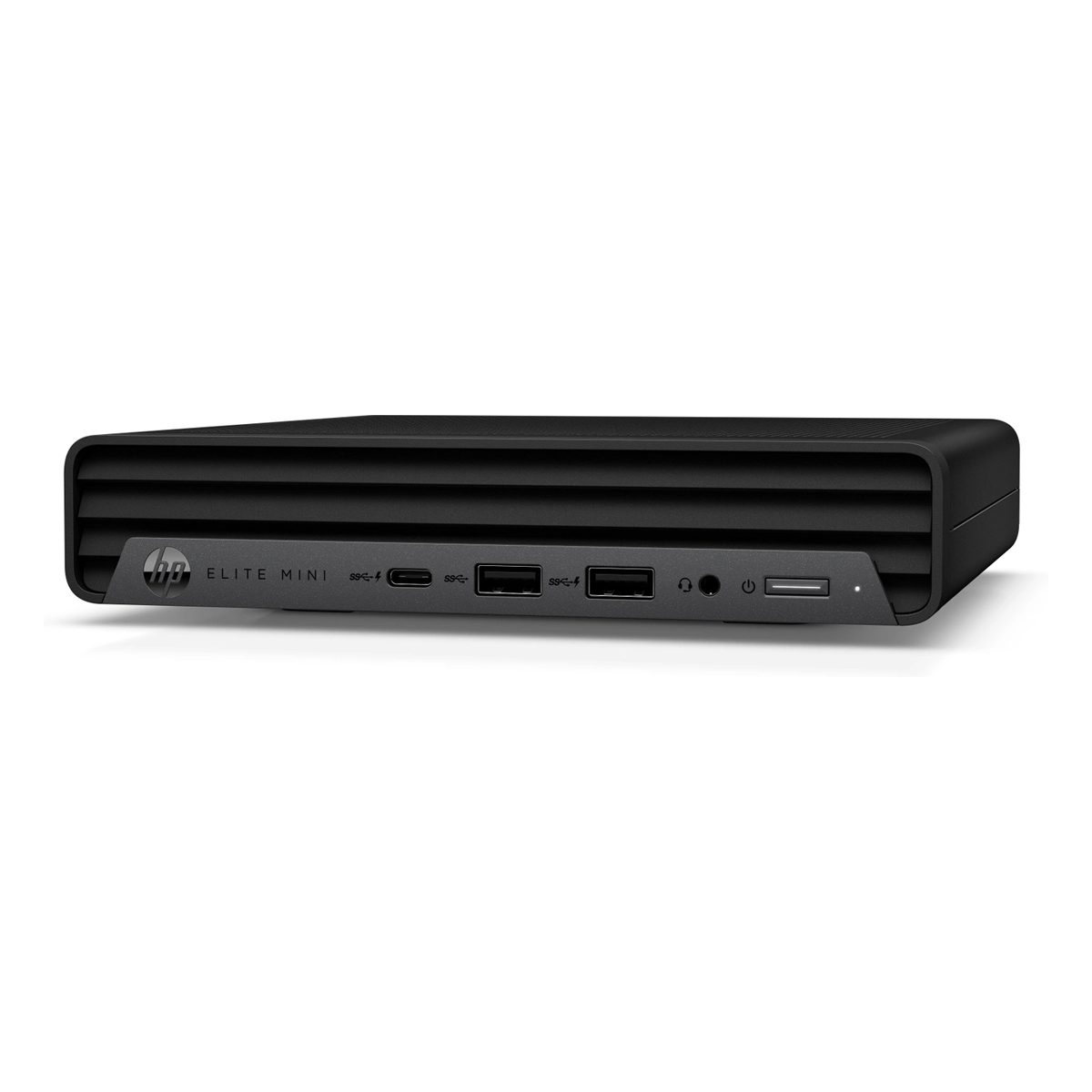 Een zwarte HP Elite Mini computer met poorten aan de voorkant en het HP-logo links.