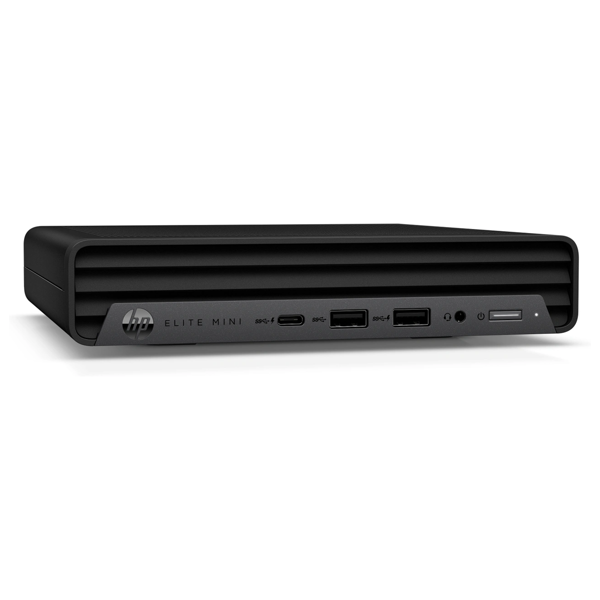 Een zwarte HP Elite Mini computer met poorten en een aan/uit-knop aan de voorkant.