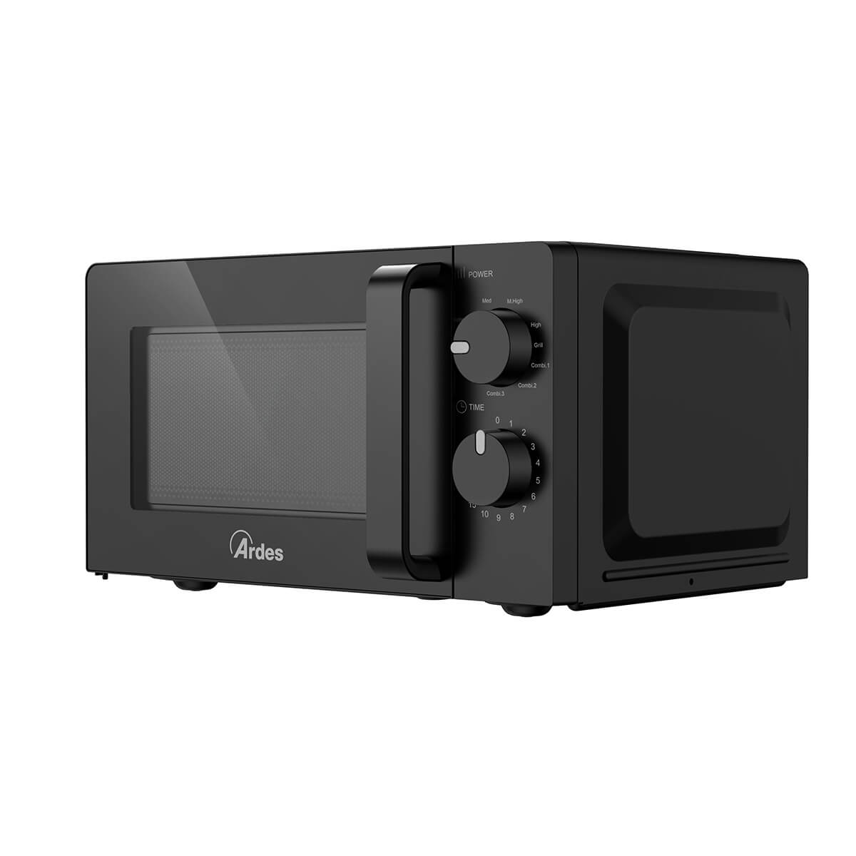 Se muestra un horno microondas negro. Tiene una puerta de cristal, un dial y una manija a la derecha.