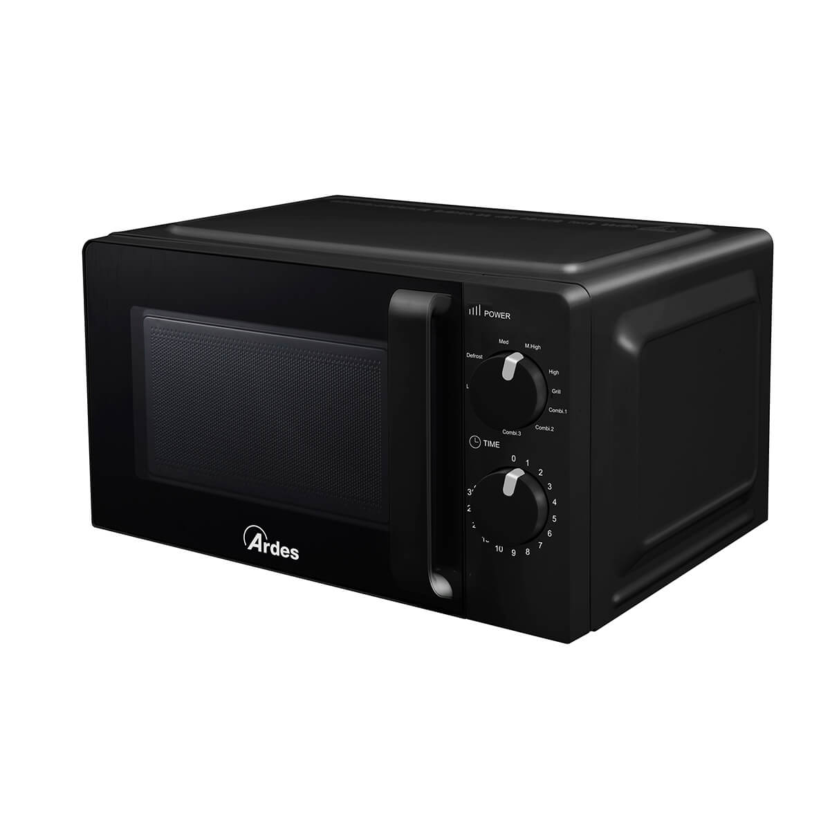 Un horno microondas negro con puerta y panel de control sobre un fondo blanco.