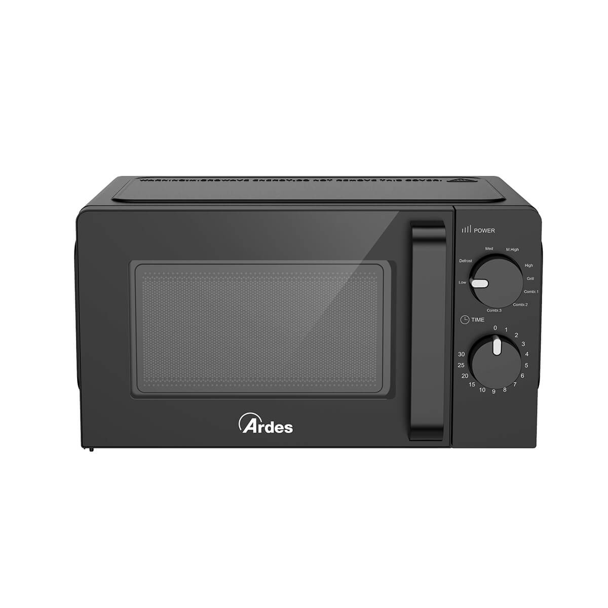 Horno microondas negro con puerta, panel de control y el logotipo de la marca 'Ardes'.