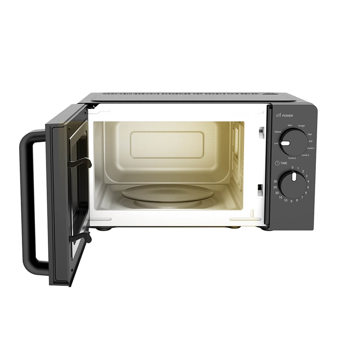 Un horno microondas negro con la puerta abierta, mostrando el interior y un plato.