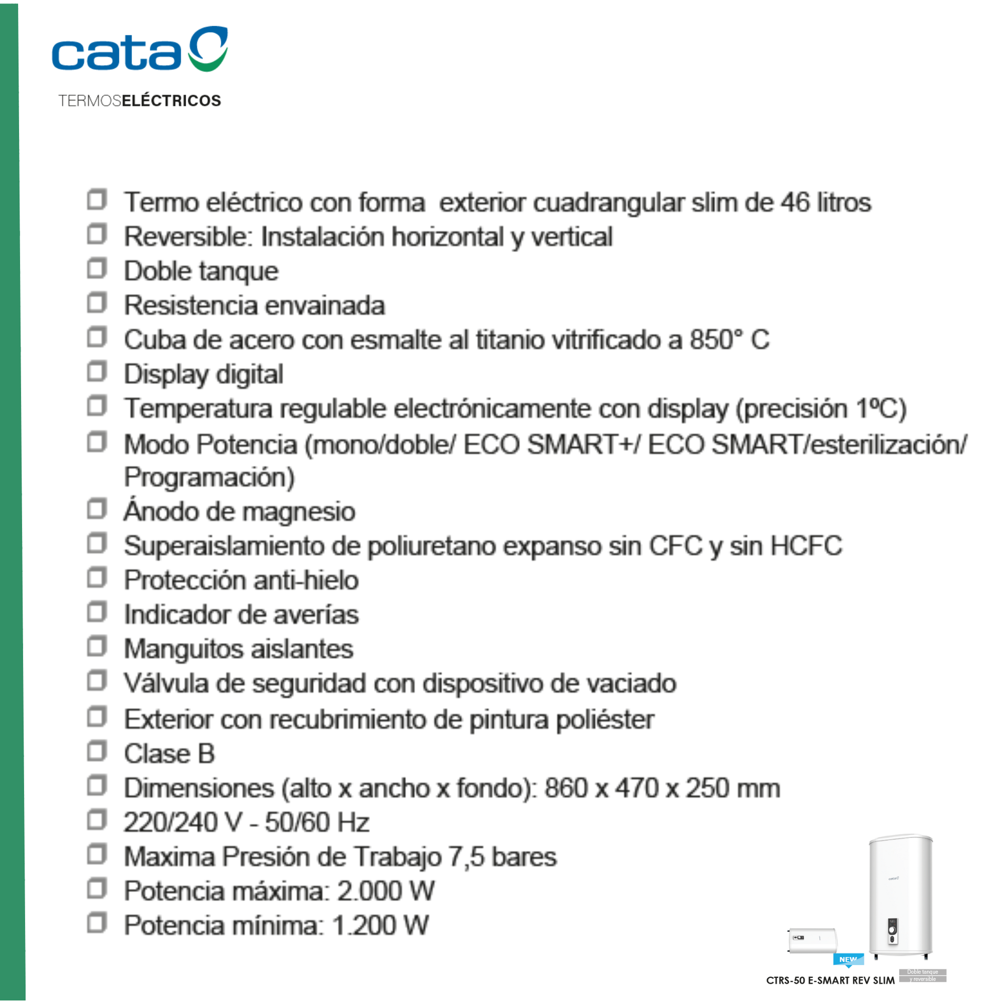 Diagrama de un calentador de agua eléctrico con anotaciones de texto que enumeran las características.