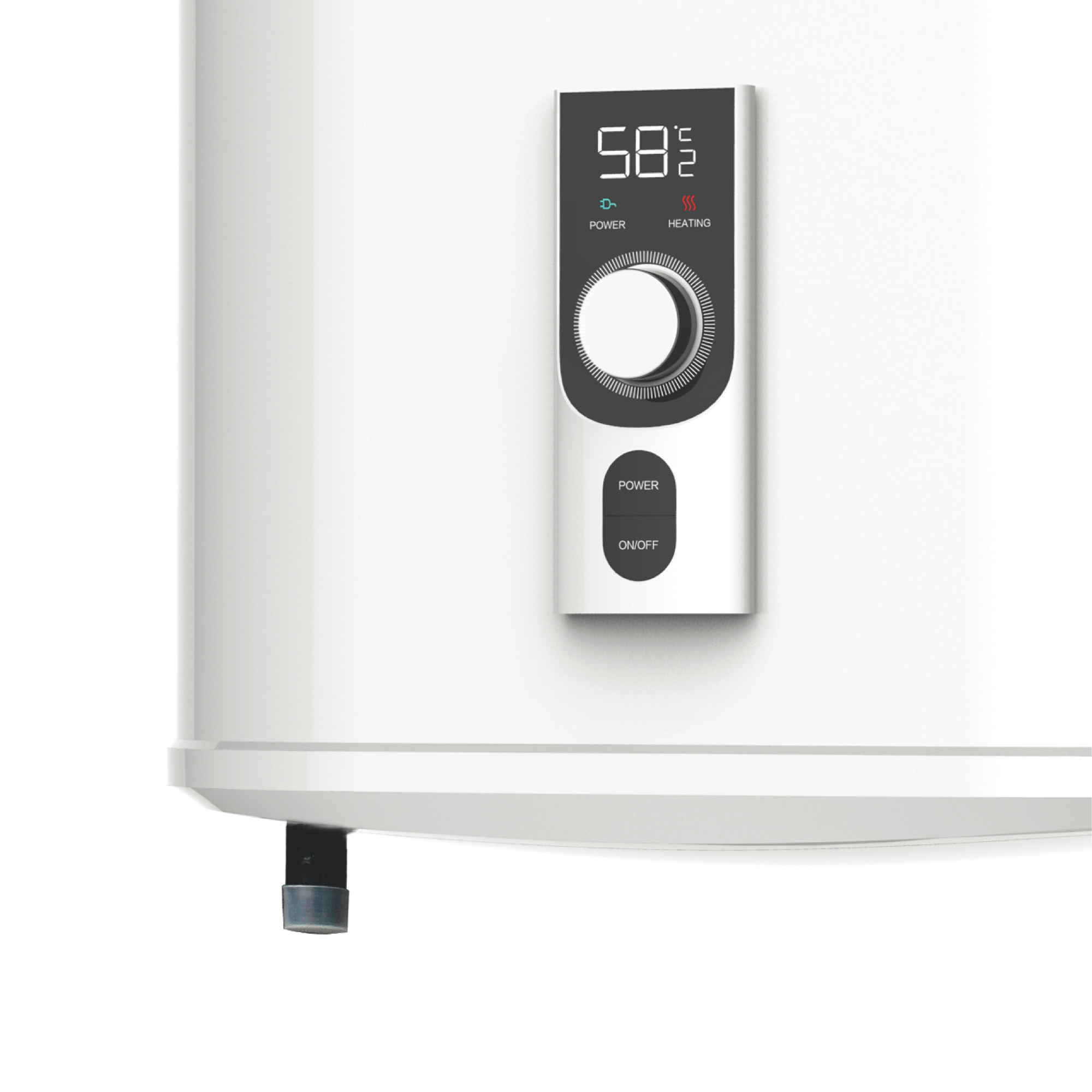Calentador de agua blanco con panel de control que muestra la temperatura y la configuración.