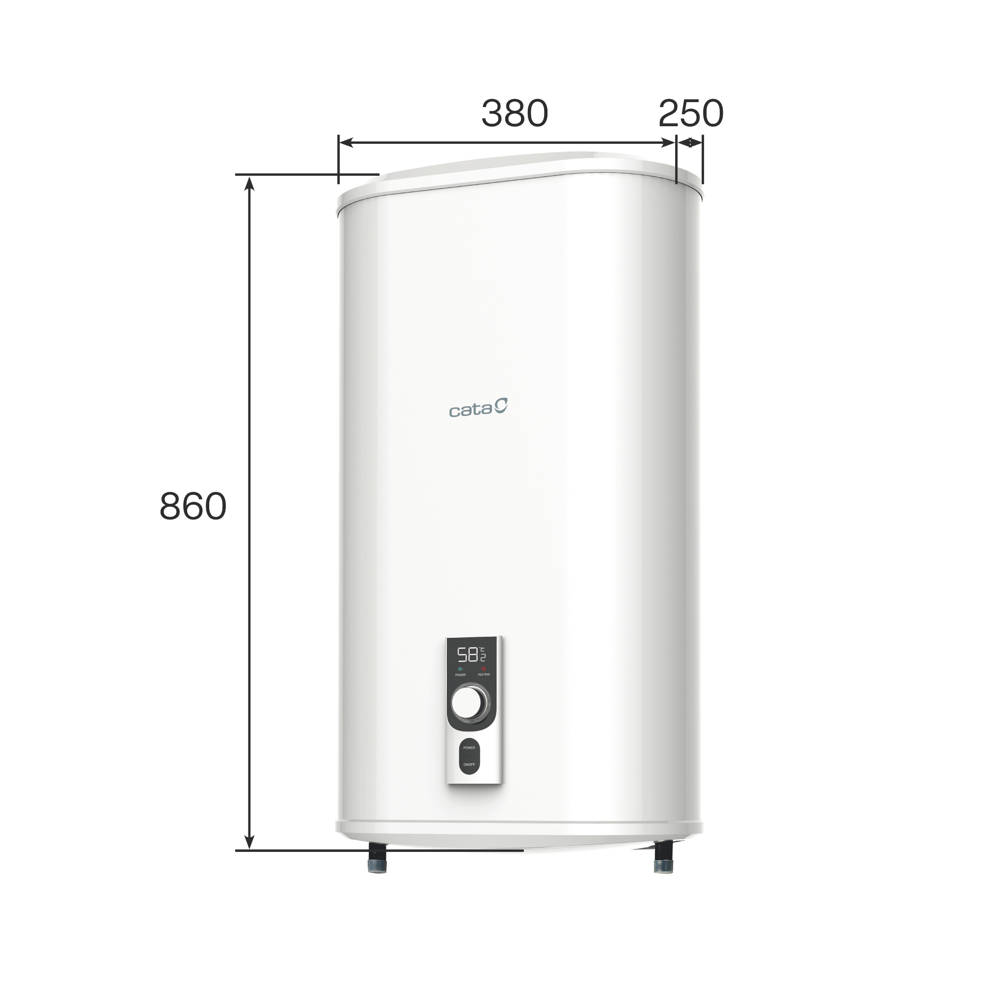 Calentador de agua blanco con pantalla digital. Las dimensiones se muestran en milímetros. El logotipo de Cata está presente.