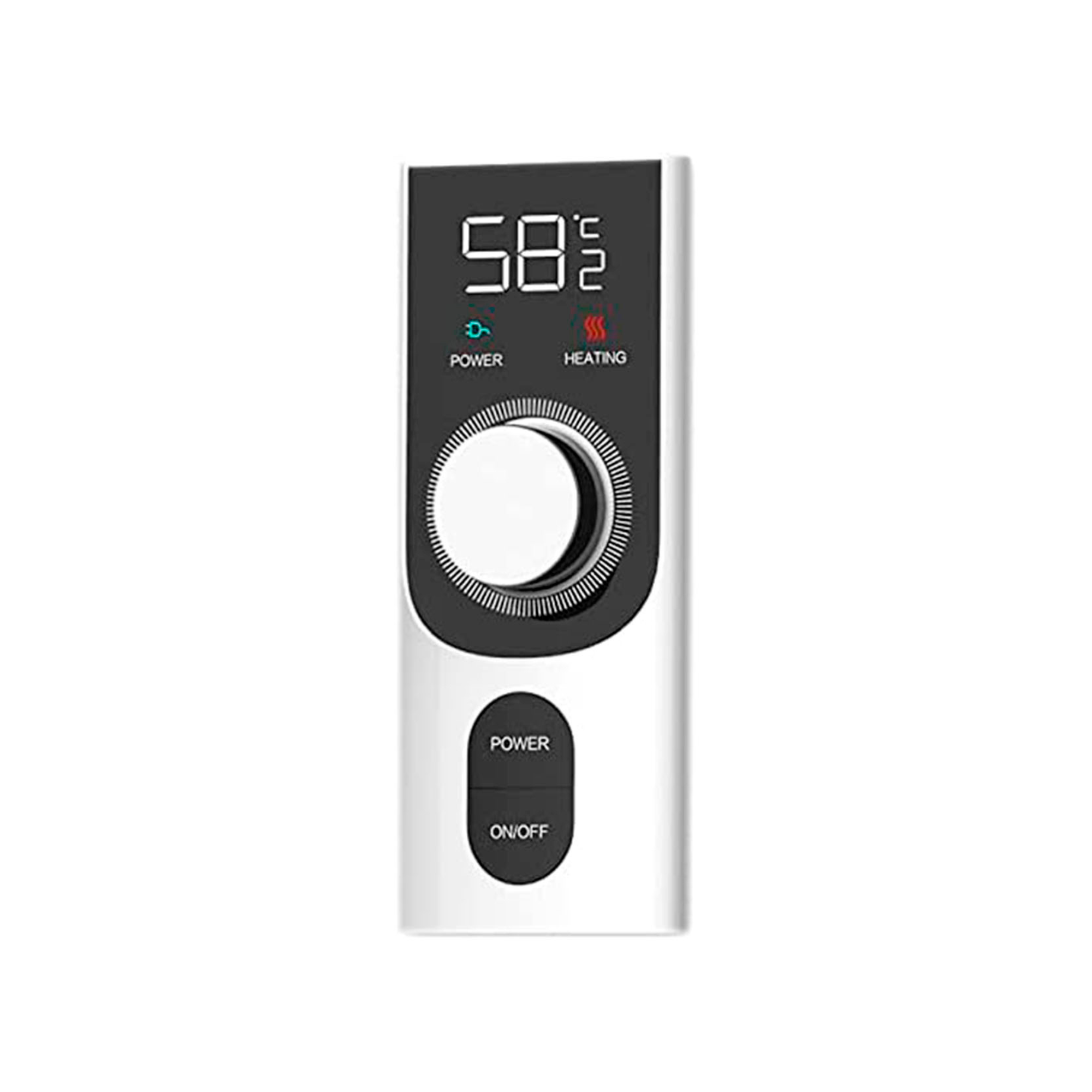 Un dispositivo digital blanco con dial y botones. Muestra números y texto.