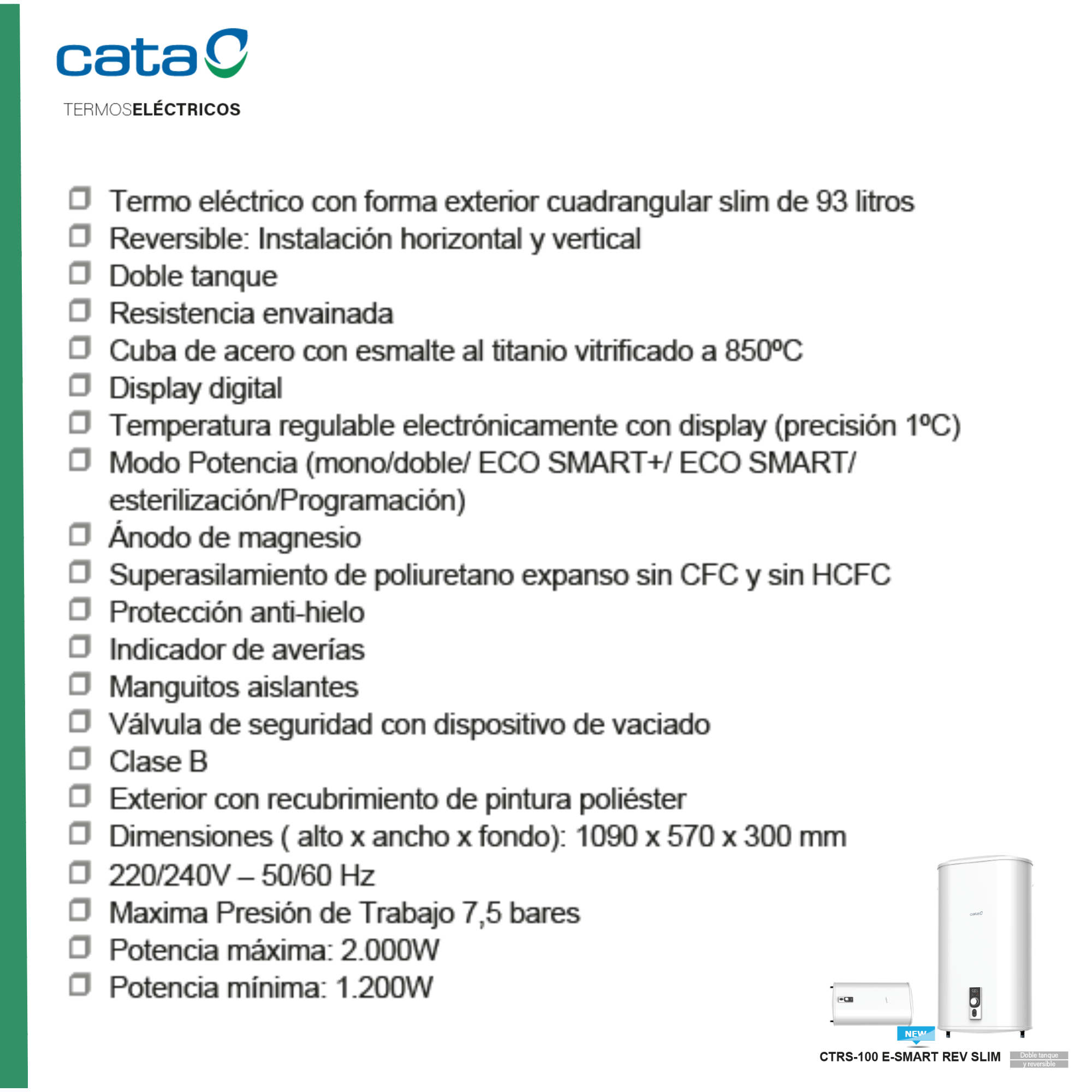 Una lista de características de un calentador de agua eléctrico con una imagen del producto.