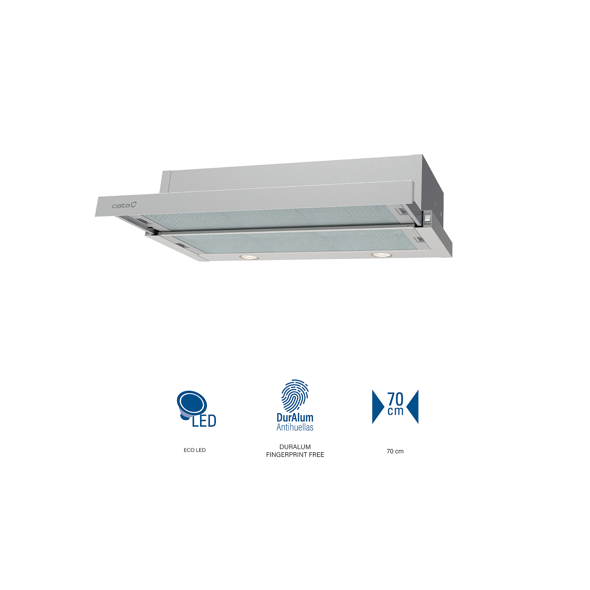 Cappa aspirante argentata con due luci e un logo. Sfondo bianco. Mostra DurAlum ed ECO LED.