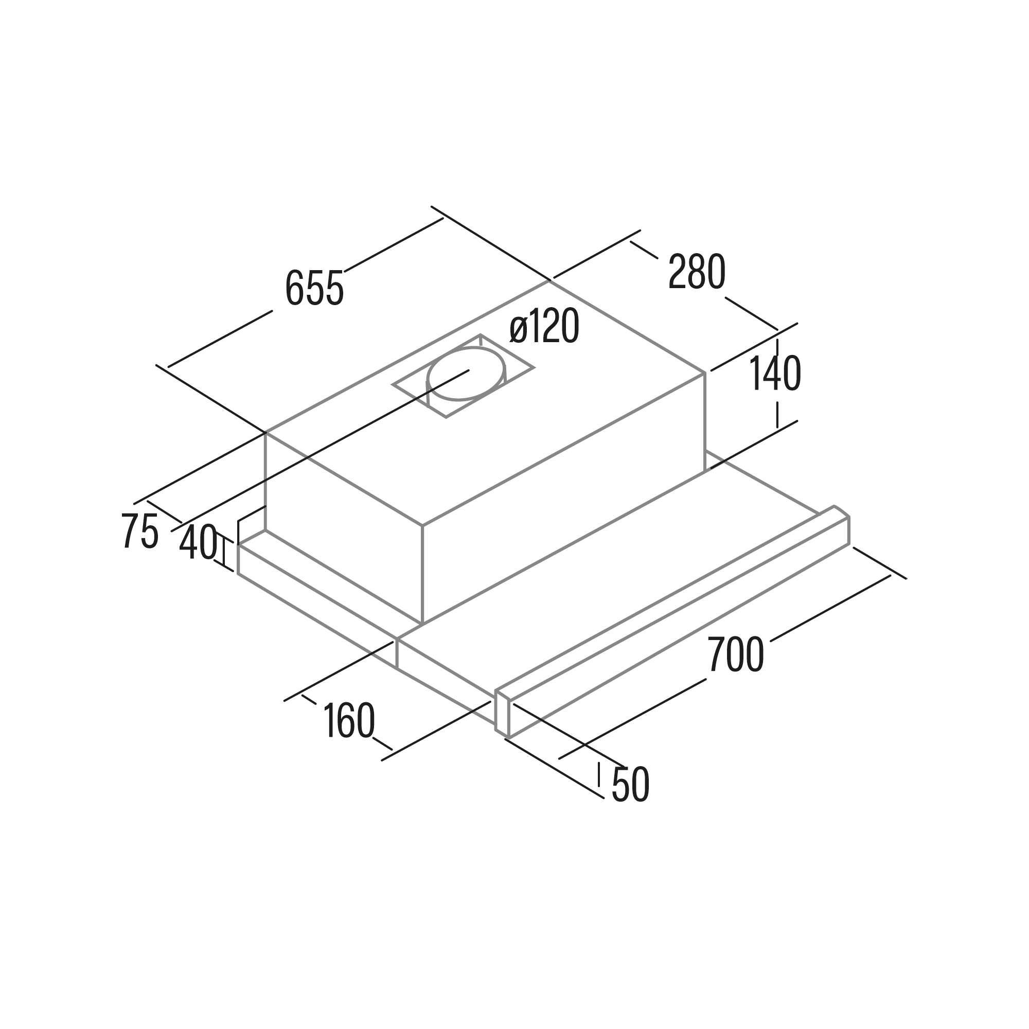 Diagramma di una cappa con dimensioni. Forma rettangolare con foro rotondo e misure.