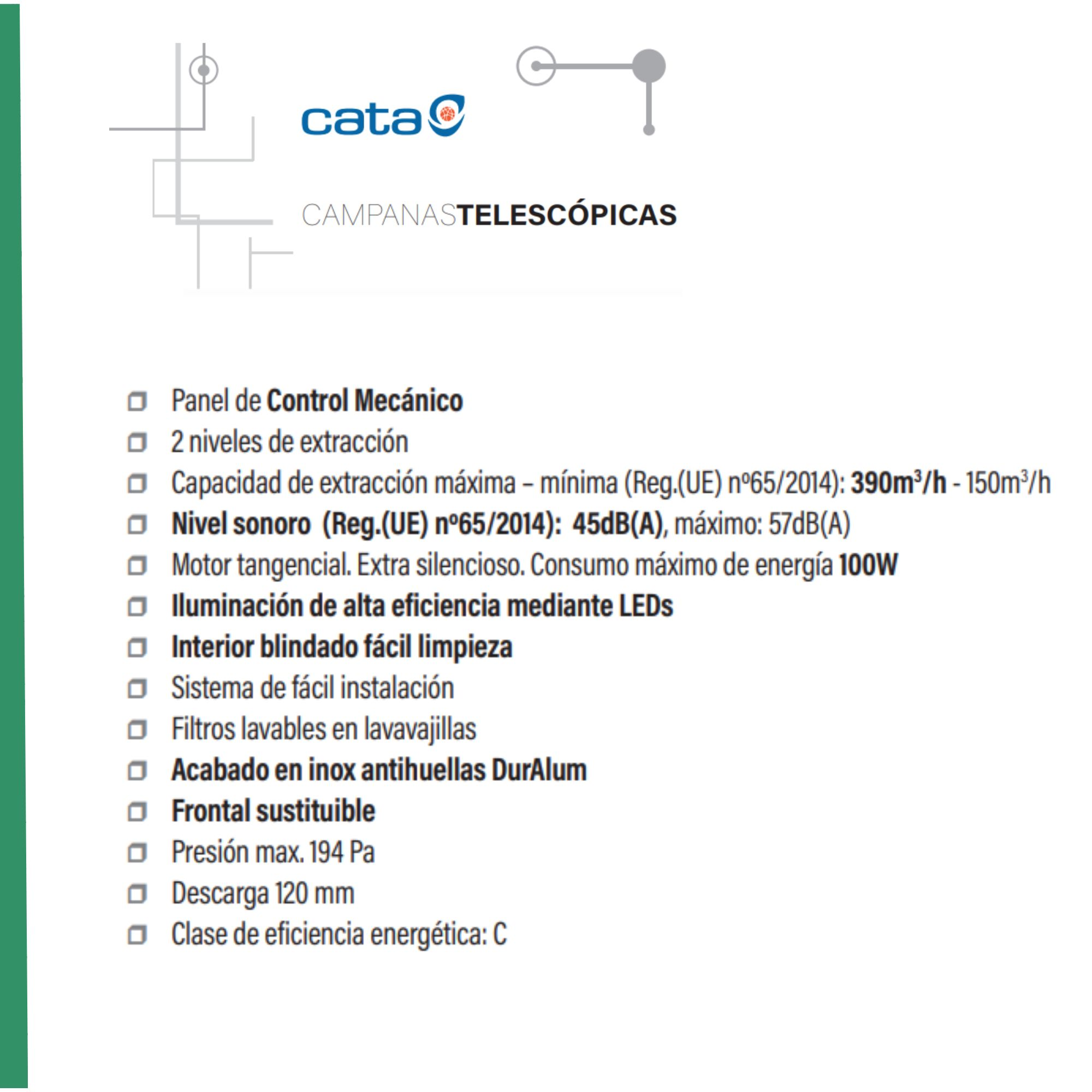 Dibujo técnico con texto en español. Describe una campana extractora telescópica.