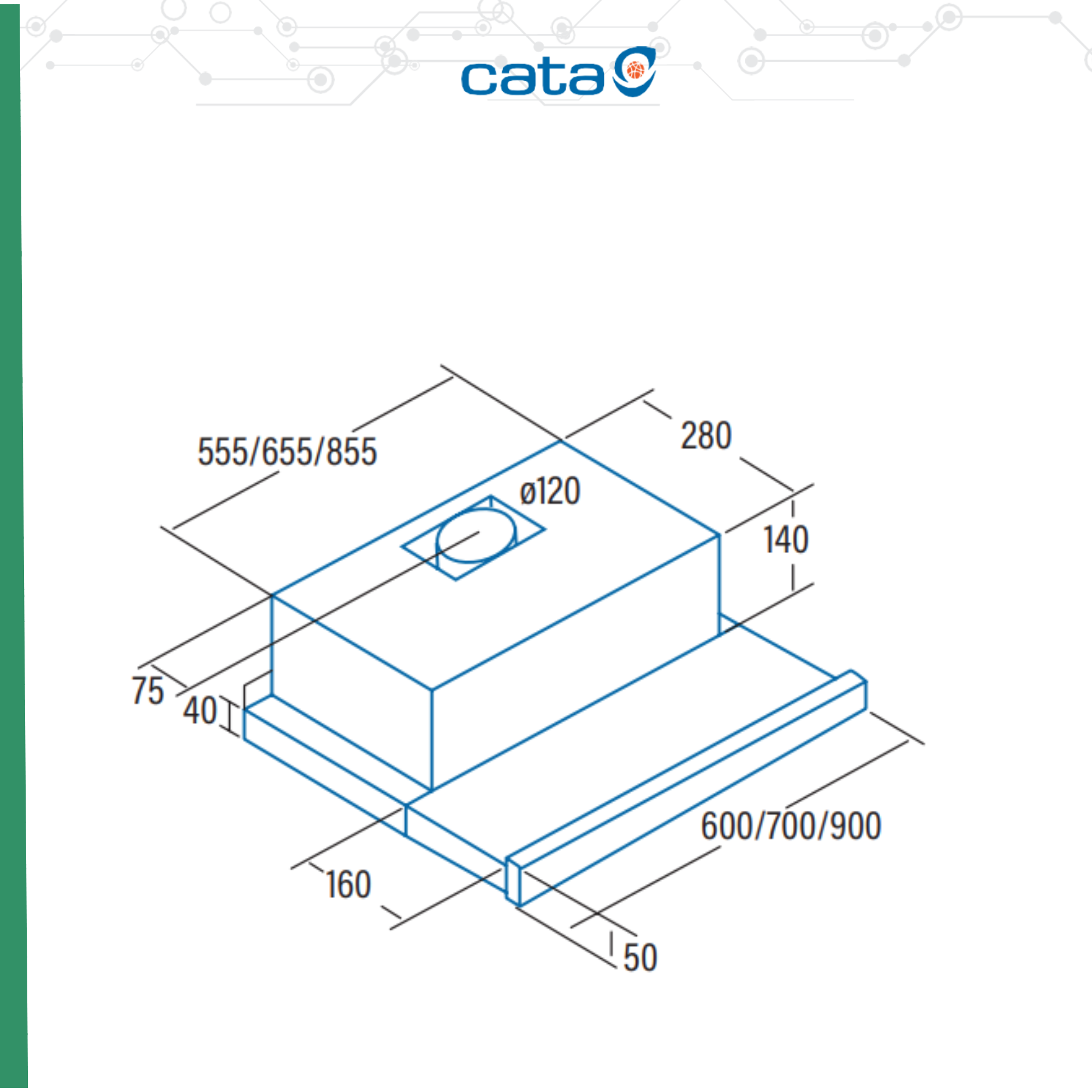 Dibujo técnico de una campana extractora con dimensiones en mm.